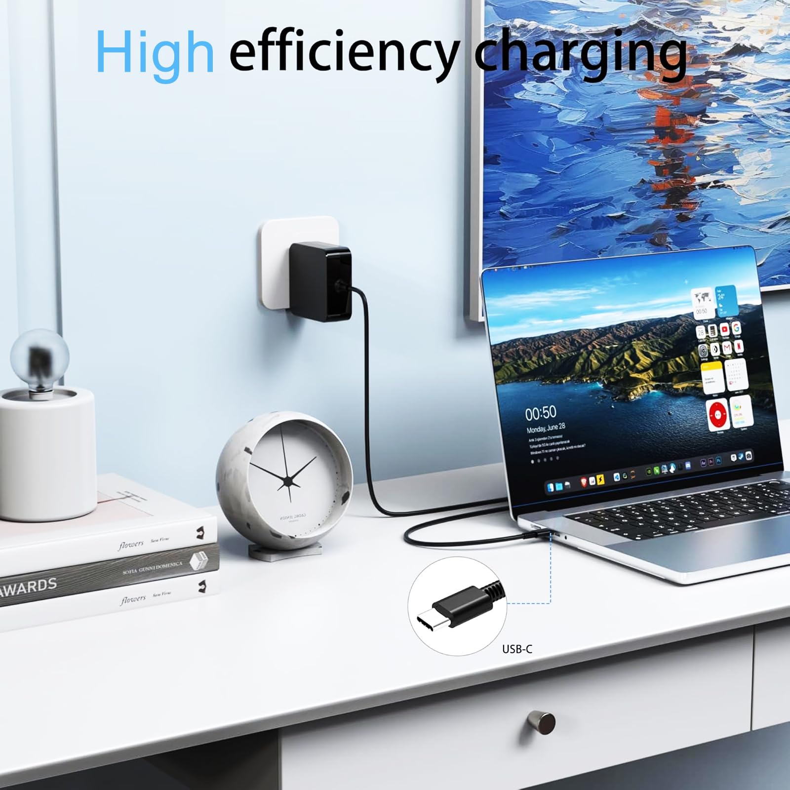 Caricabatterie usb c 65W,Caricatore Laptop usb c Compatibile con Macbook Pro/Air,lenovo thinkpad yoga,huawei matebook,HP Chromebook,11 Home,Compatibilità con adattatore rapido Dell Type C