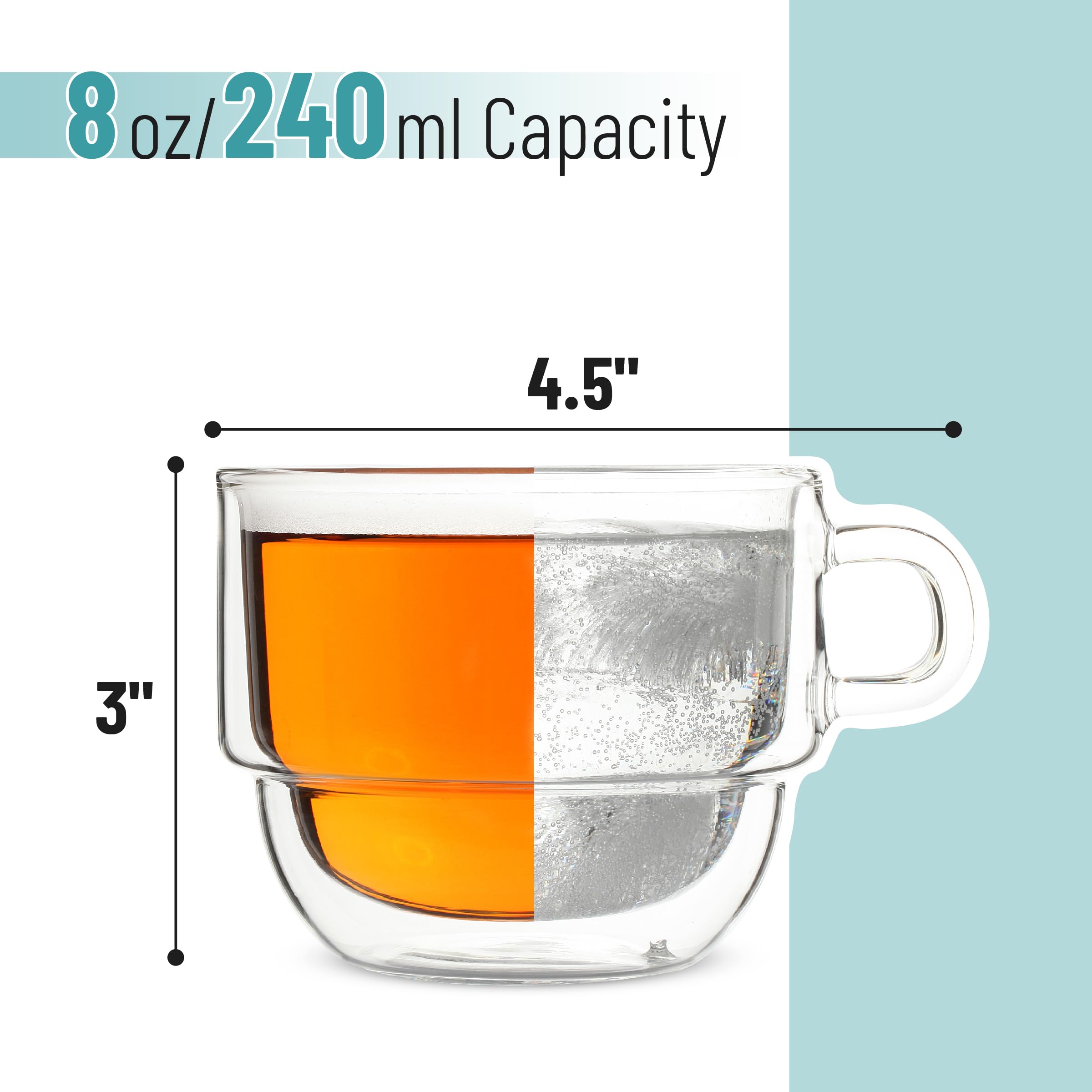 Amazon.com | BTaT- Double Walled Stackable Glass Coffee Mugs, 8 oz, Set of  4, Glass Coffee Cups with Handle, Insulated Clear Coffee Mug for Hot and  Cold Beverages, Cappuccino, Latte, Tea, Americano: