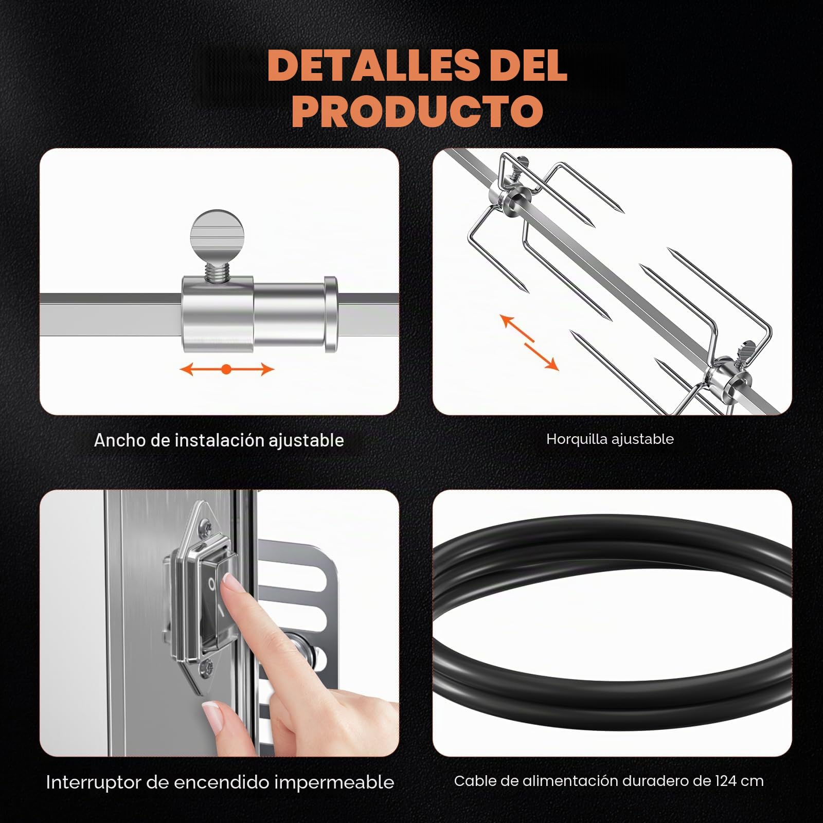 Universal asador Giratorio Barbacoa 3X Pinchos, Agujas y Motor de Acero Inoxidable Longitud Ajustable 56-134cm 3RPM Parrilla Barbacoa giratoria