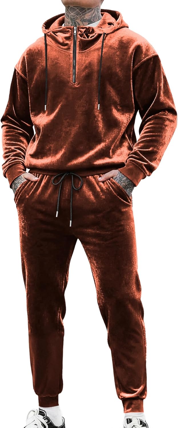 LecGee Mens Velvet Tracksuit Quarter Zip Pullover Hoodie and Joggers Sweatpants Casual Velour Sweatsuit Set