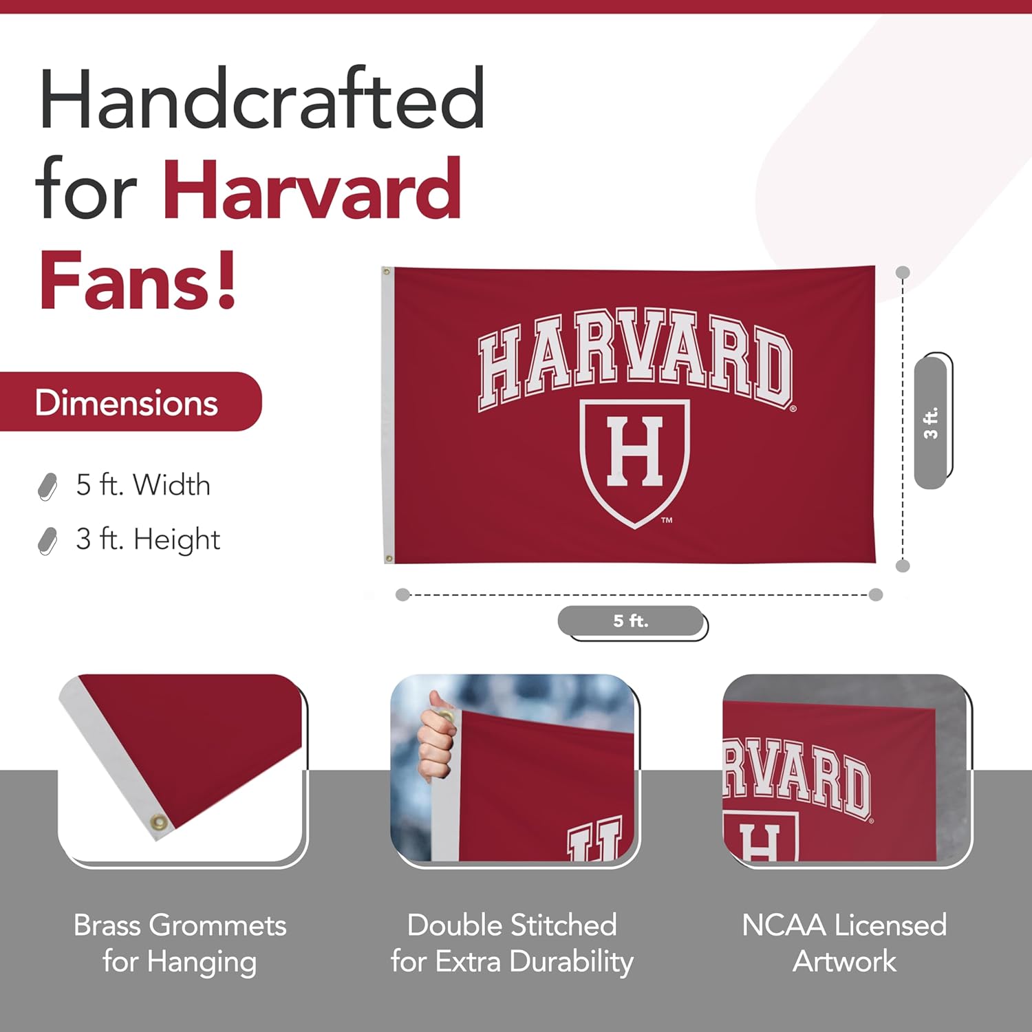 Harvard Crimson College Sports Printed Flag - NCAA Licensed - Nylon - School Banner (Red, White) (3' x 5') - Image 2