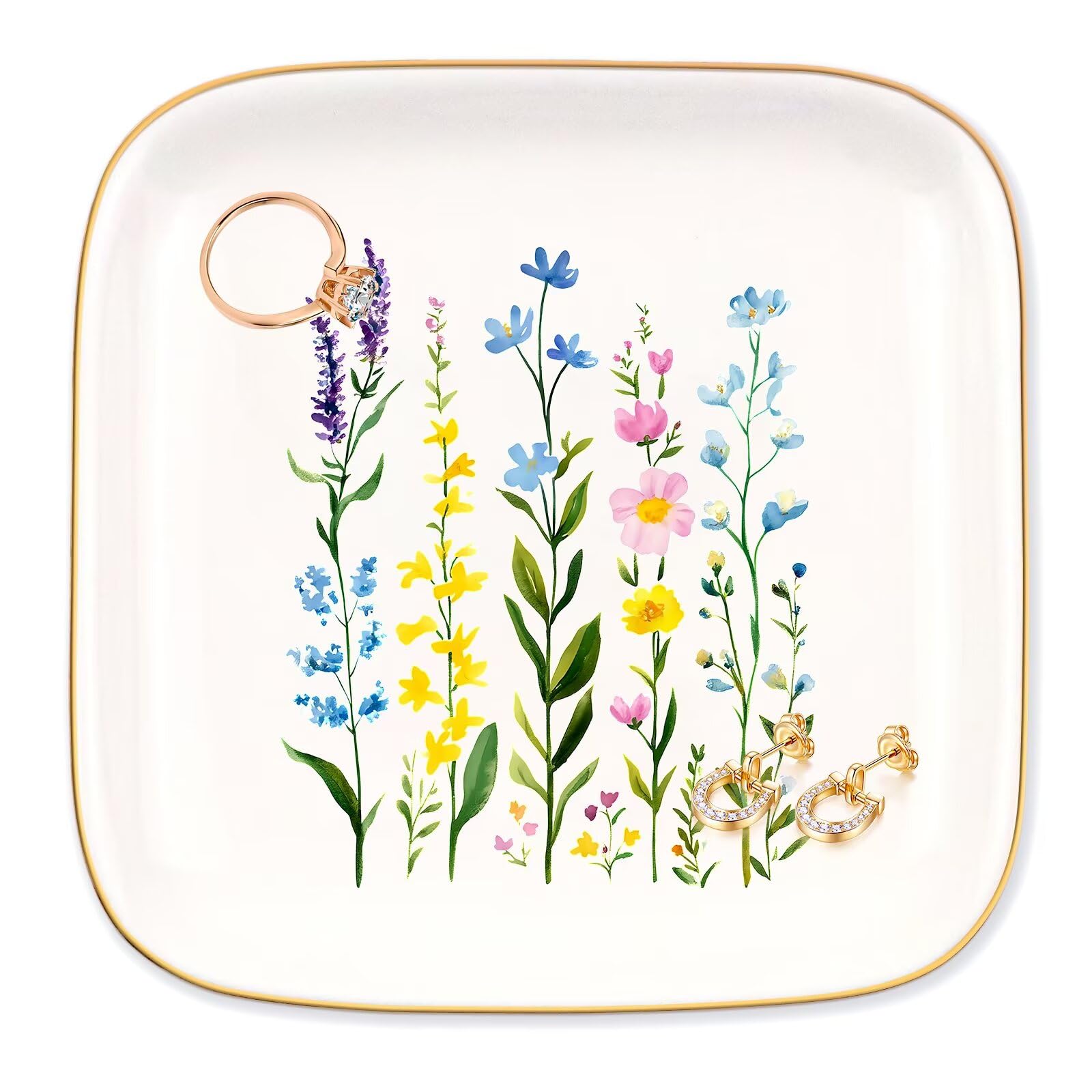 Ceramic Jewelry Ring Dish, Necklace Earrings Holders Tray Summer Gift - Bloom Flowers Florals Lavender, Gifts for Mother's Day, Christmas, Thanksgiving, and Birthdays for women 11