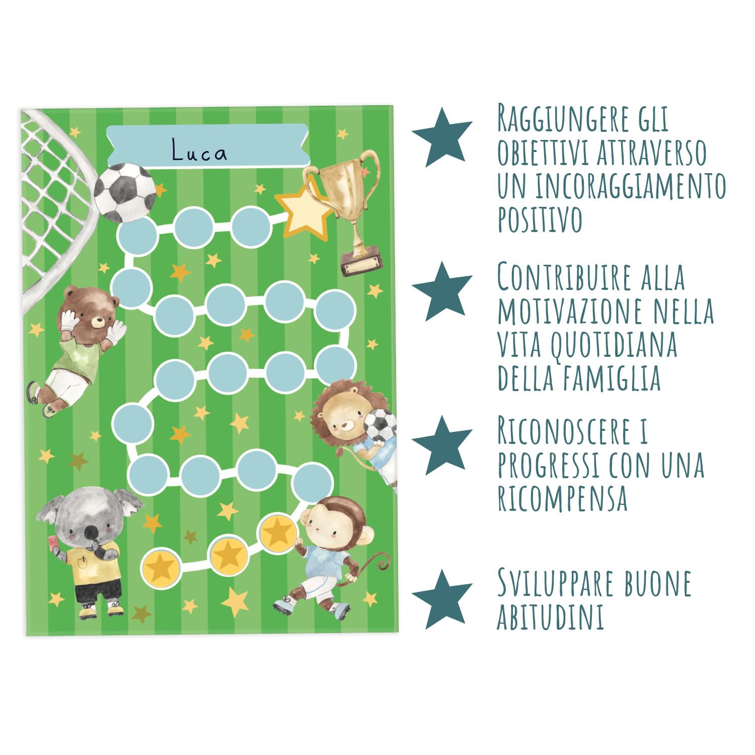 Set di 10 tabelle delle ricompense Calcio con adesivi a forma di stella per bambini