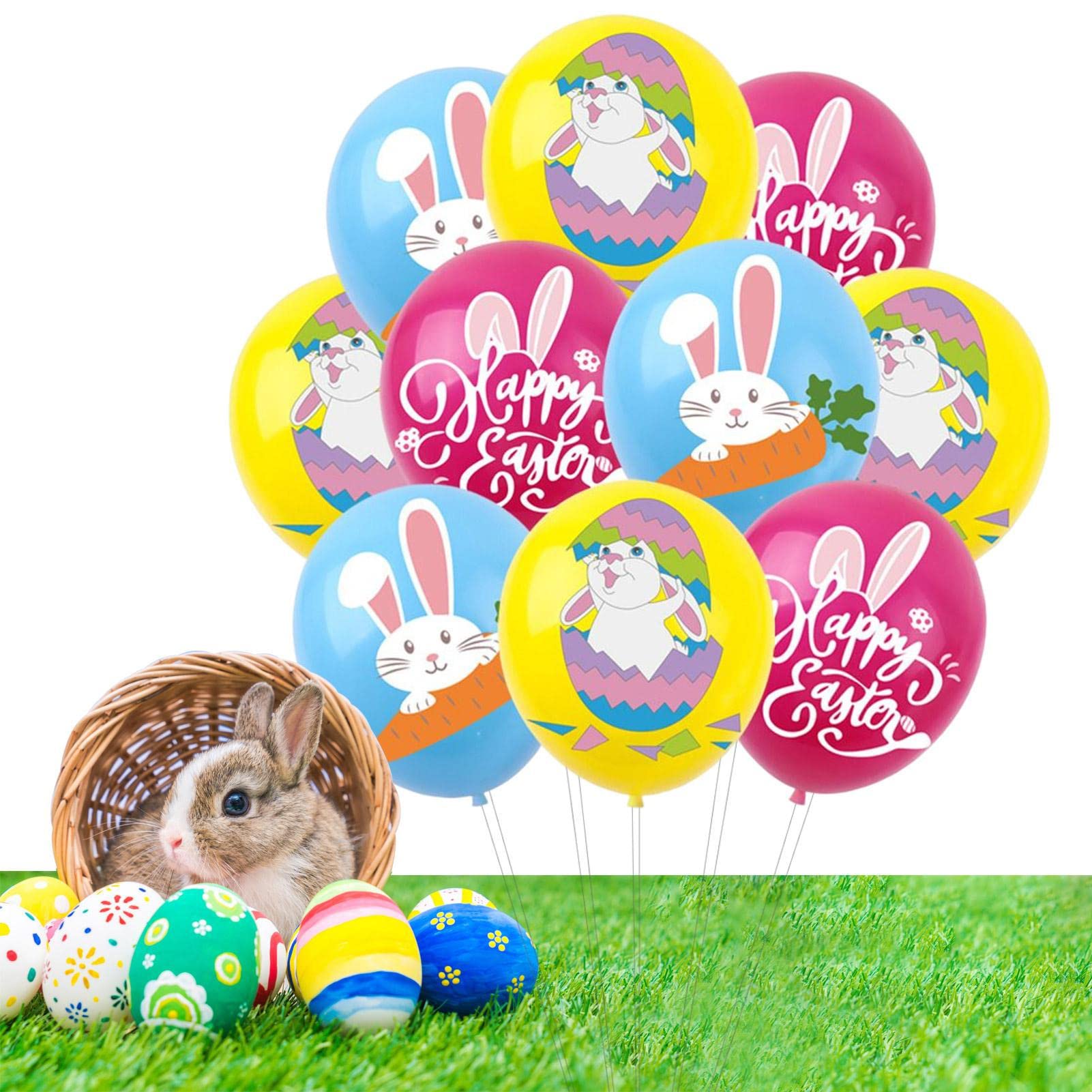 AhfuLife – 32 Palloncini Per Pasqua, 12 Pollici, Lattice Con Stampe Di Coniglietti E Uova, Assortiti In Giallo, Verde, Rosa E Blu