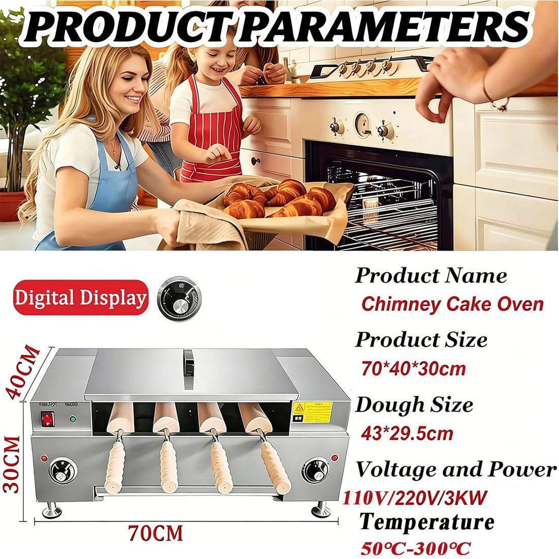 Komercyjny kominowy grill do bułek, elektryczny piec kominowy do bułek o mocy 3000 W, 4 wałki z powłoką zapobiegającą przywieraniu, grill do lodów w rożkach, do użytku domowego i firmowego