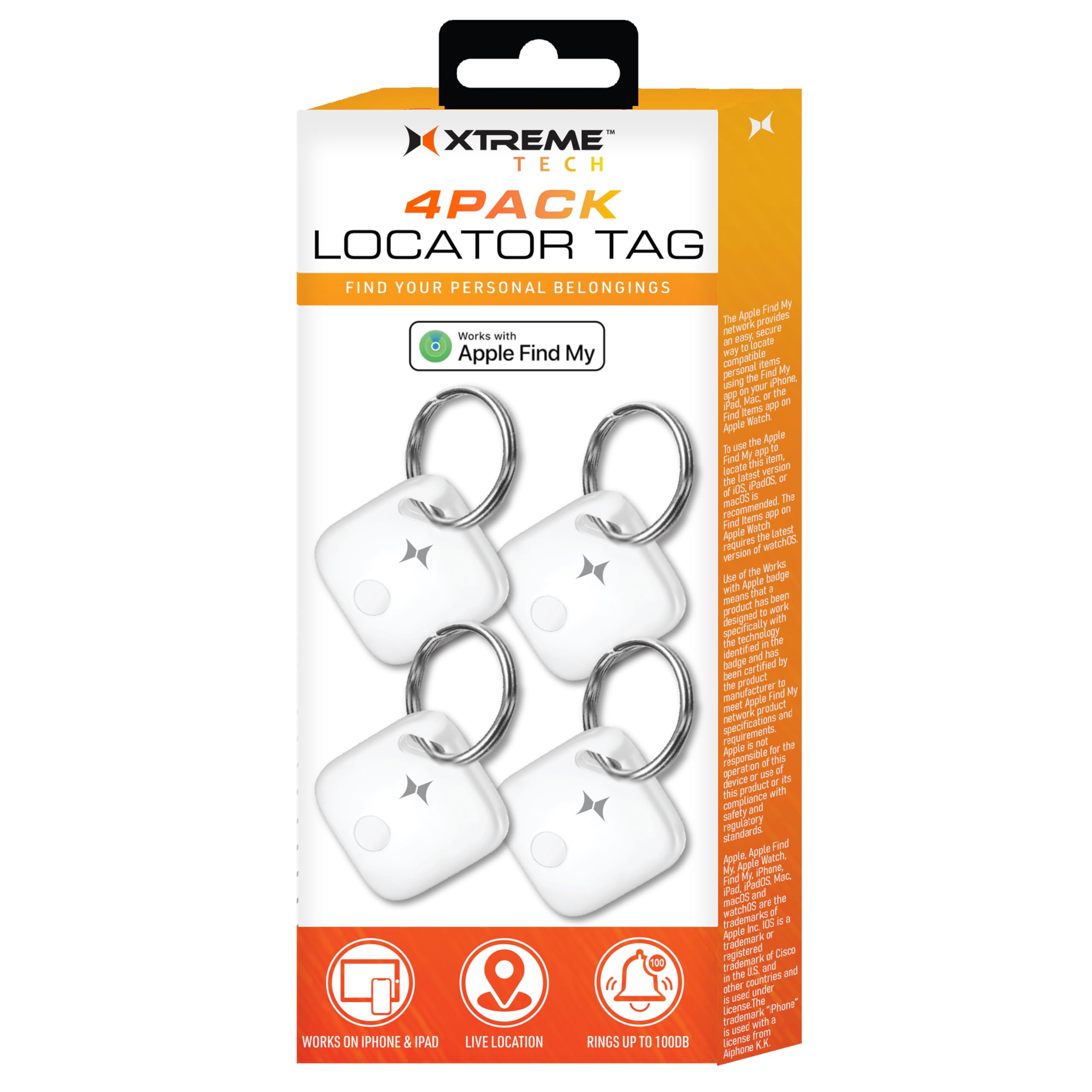 Xtreme Locator Tag 4-Pack Compatible with Apple Find My App (iOS only) Bluetooth Item Finder with Keychain, Key Finder, Live Location Tracker, 100dB Alert Ring, for Wallet, Keys, Pets, & Suitcases