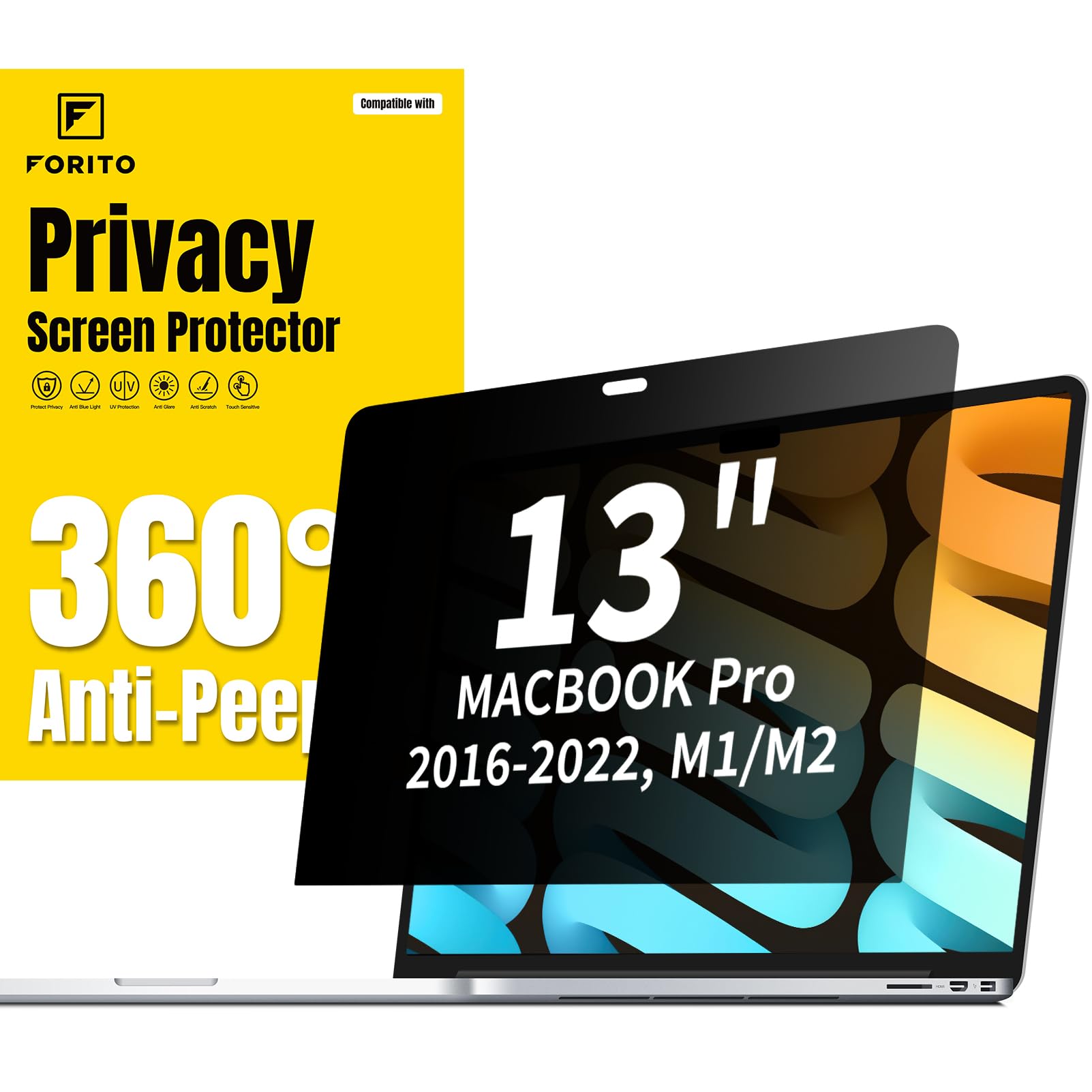 F FORITO 360° Privacy Screen Compatible with MacBook Pro 13 inch (2016, 2017, 2018, 2019, 2020, 2021, 2022, M1, M2), Eye Protection Anti Glare Anti Blue Light Laptop Privacy Filter