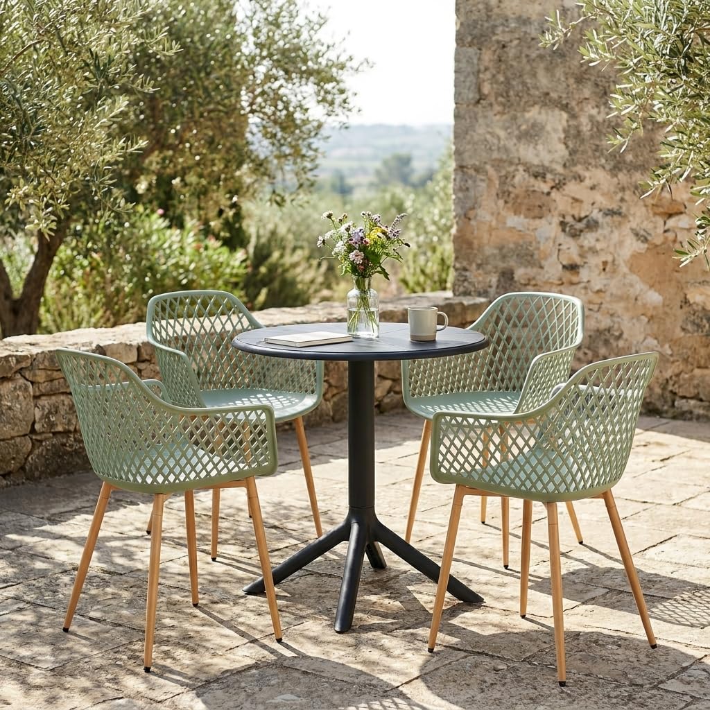Set da pranzo rotondo con 4 sedie, tavolo da giardino rotondo per giardino, balcone, terrazza, tavolo Ø 60 cm + 4 poltrone grigio-verde