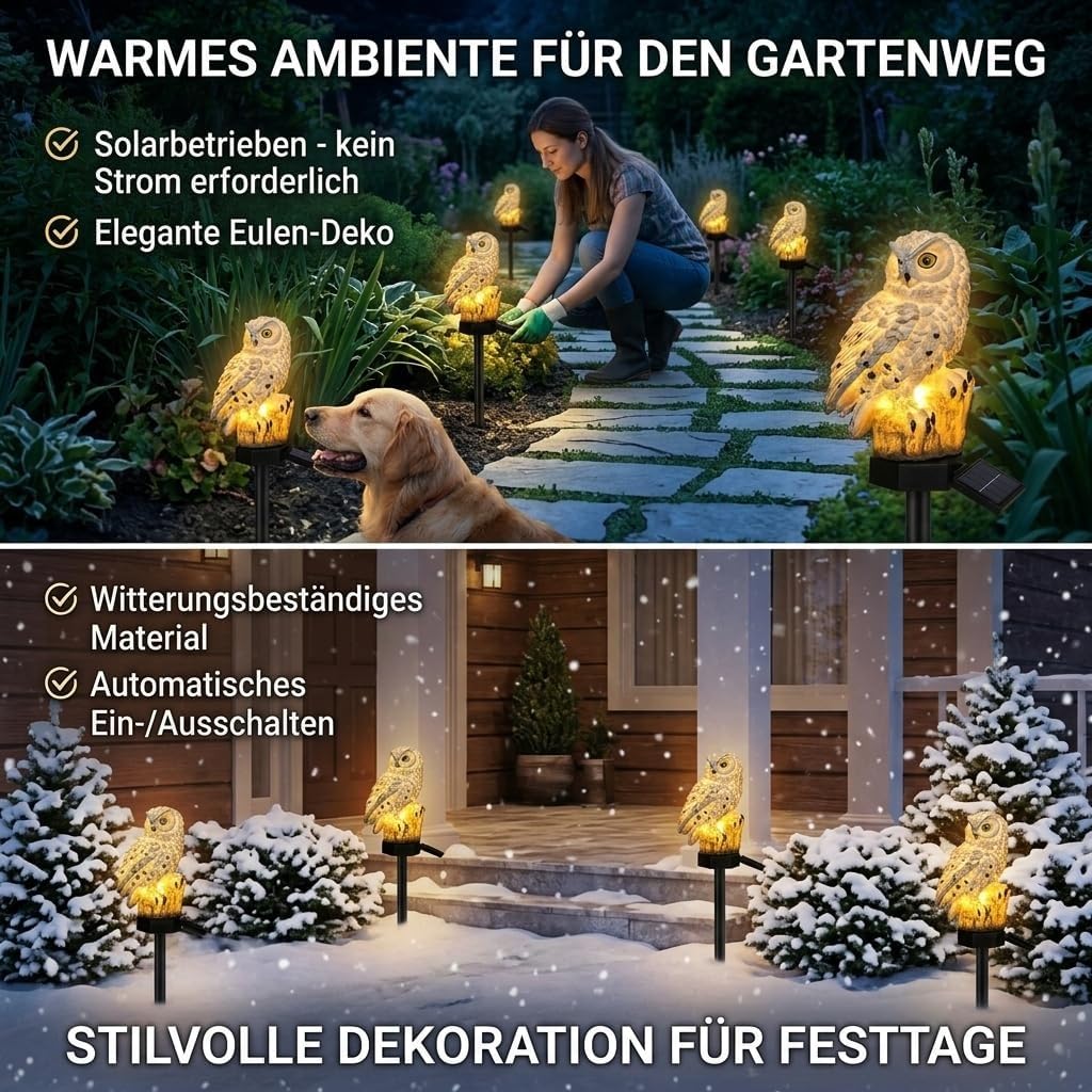 Hermhoffer Luma Eule Solar Gartenlampe Beweglich LED Laterne Outdoor Weiß+Braun