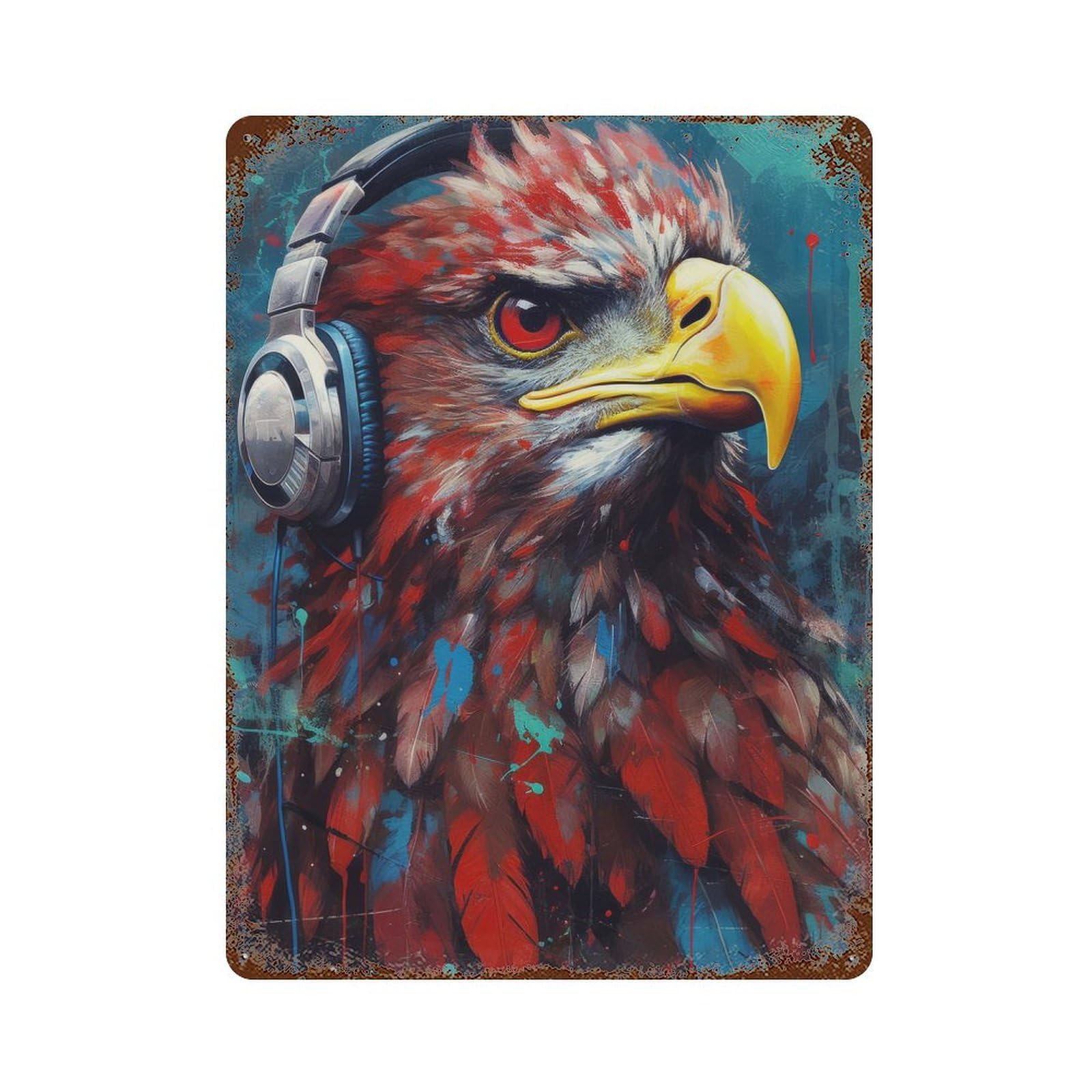 Distressed Metal Wall Sign with Eagle with Headphones Design 15.7"x11.8", for Office, Studio And Wall Decor, Industrial Home Decor