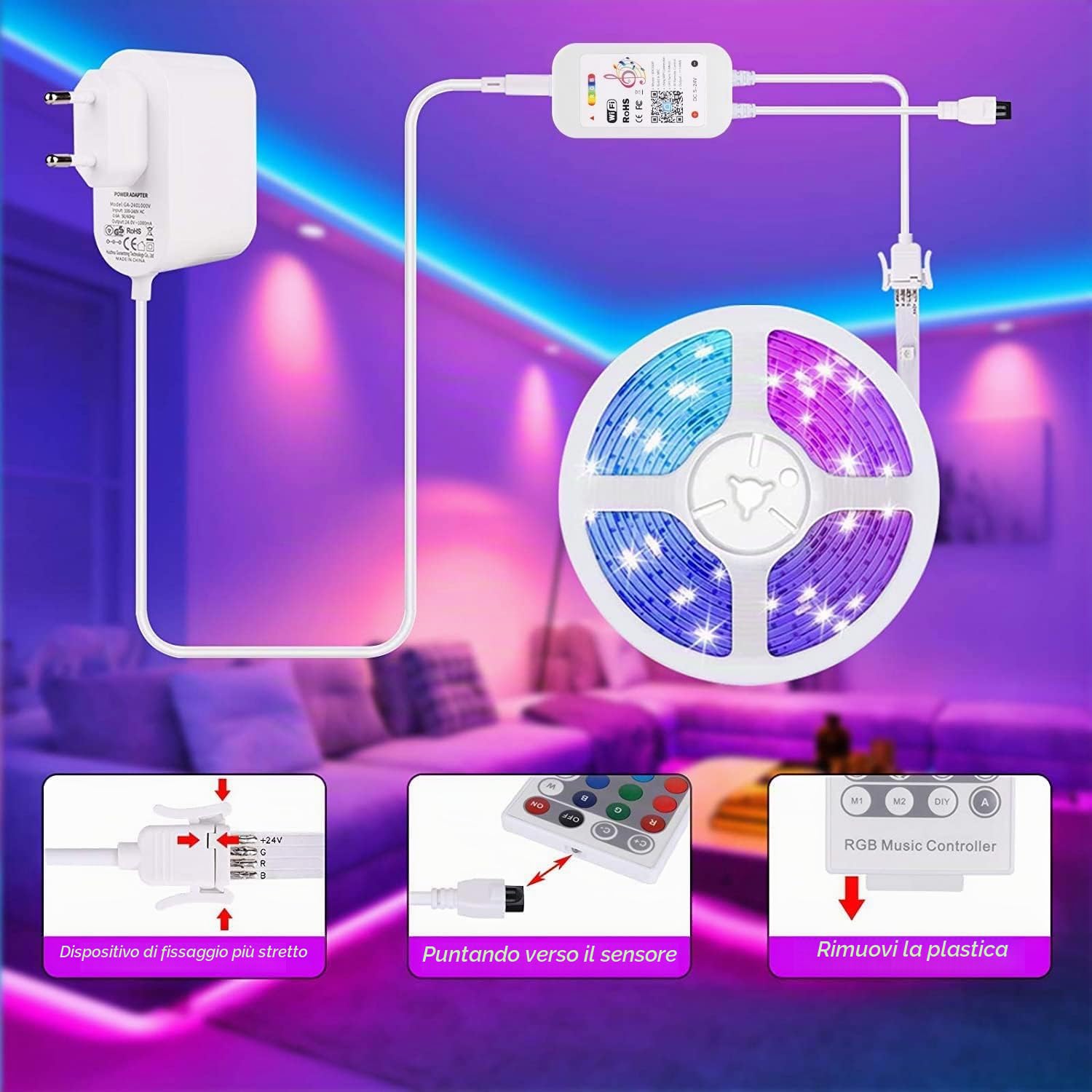 LUXONIC Striscia LED WiFi 30m(2×15m) 24V 5050 RGB, Sincronizzazione Musicale Controllata da APP per Smartphone Controllata, Funziona con Alexa Google Assistant, Strisce LED per Natale, Matrimoni,Feste
