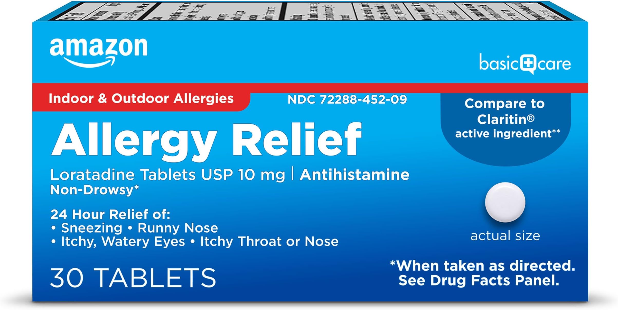 Amazon Basic Care Allergy Relief Loratadine Tablets 10 mg, 24-Hour Non-Drowsy Antihistamine for Sneezing, Runny Nose, Itchy Eyes, Hay Fever, 30 Count