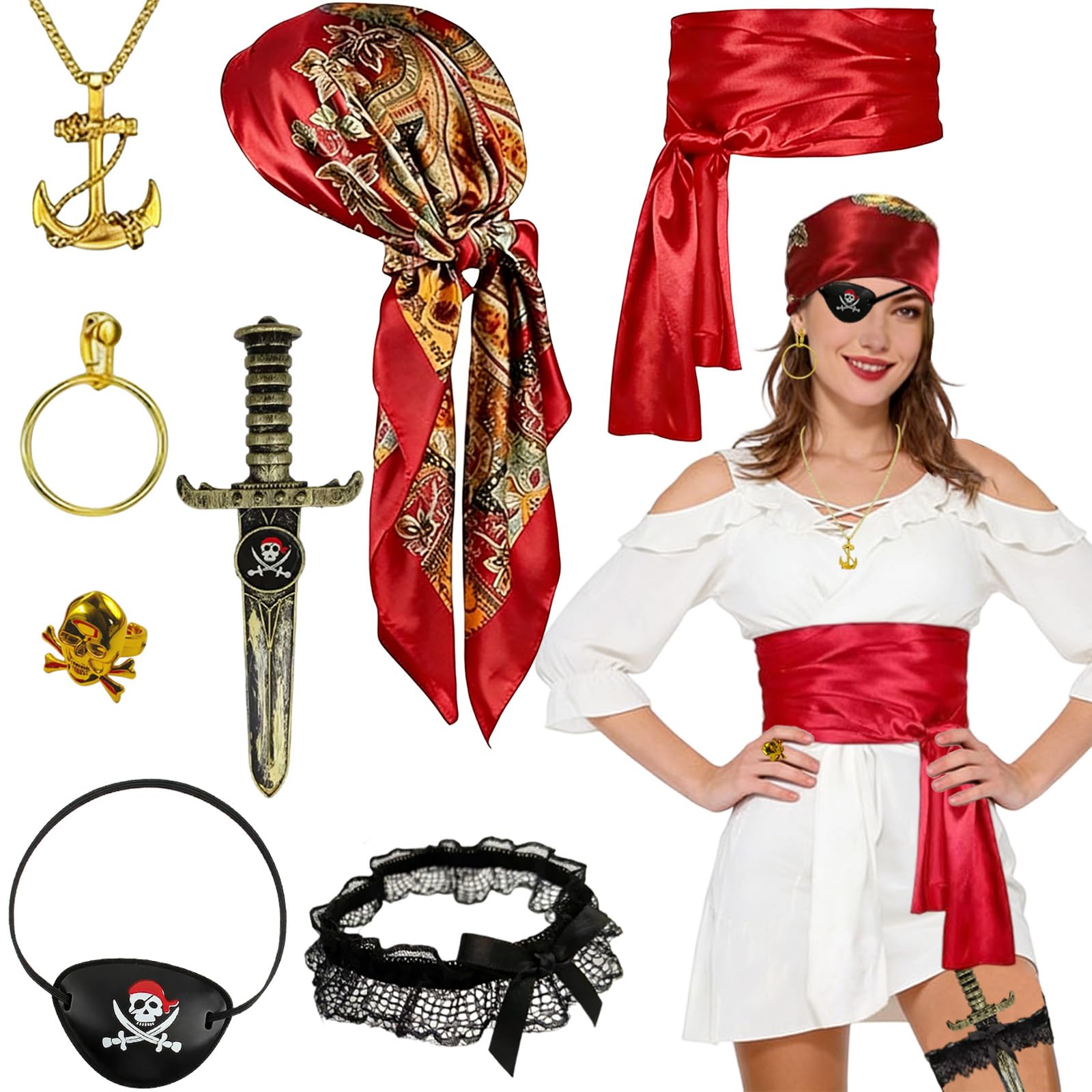 SUpoetry Lot De 4 Accessoires Pirate – Foulard, Ceinture, Cache-œil, Boucles D'oreilles – Carnaval, Halloween, Cosplay