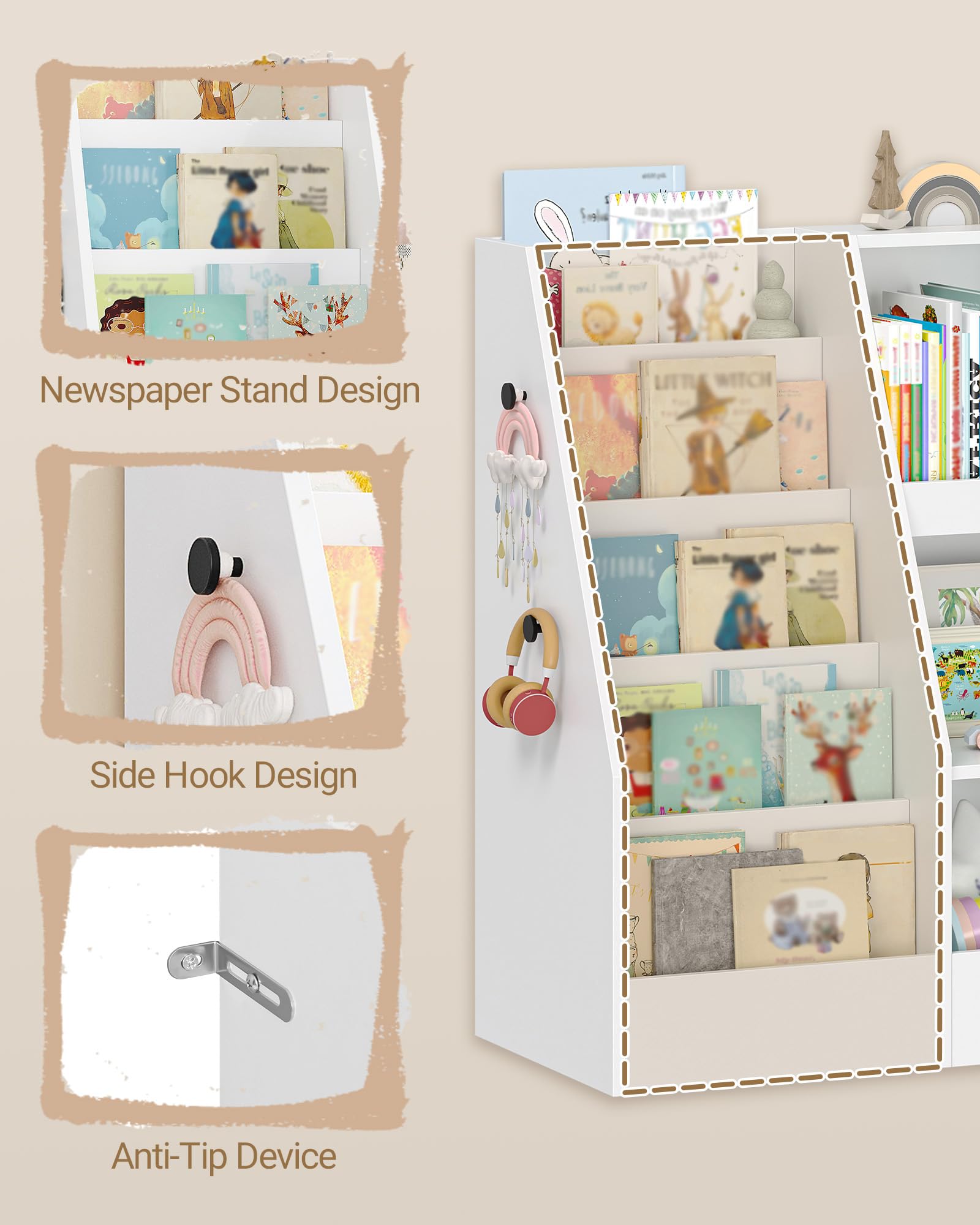 Hzuaneri Libreria infantil, Organizador juguetes, con revistero de 5 niveles y 5 estantes abiertos, Mueble organizador para habitación infantil, sala de juegos, salón, 40 x 90 x 90 cm, blanco KB23003X | Mueble de almacenamiento infantil, 5 estantes de lib