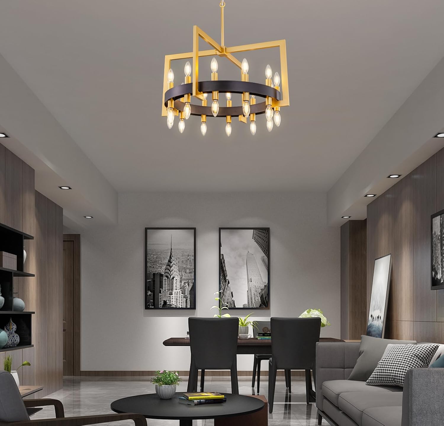 Wellmet Modern Black Brass Pendant Light, 24-Light Drum-Square Chandelier, Brass Gold Industrial Chandelier, for Living Room, Bedroom, Dining Room, Kitchen, Hallway, Entry, 28''W