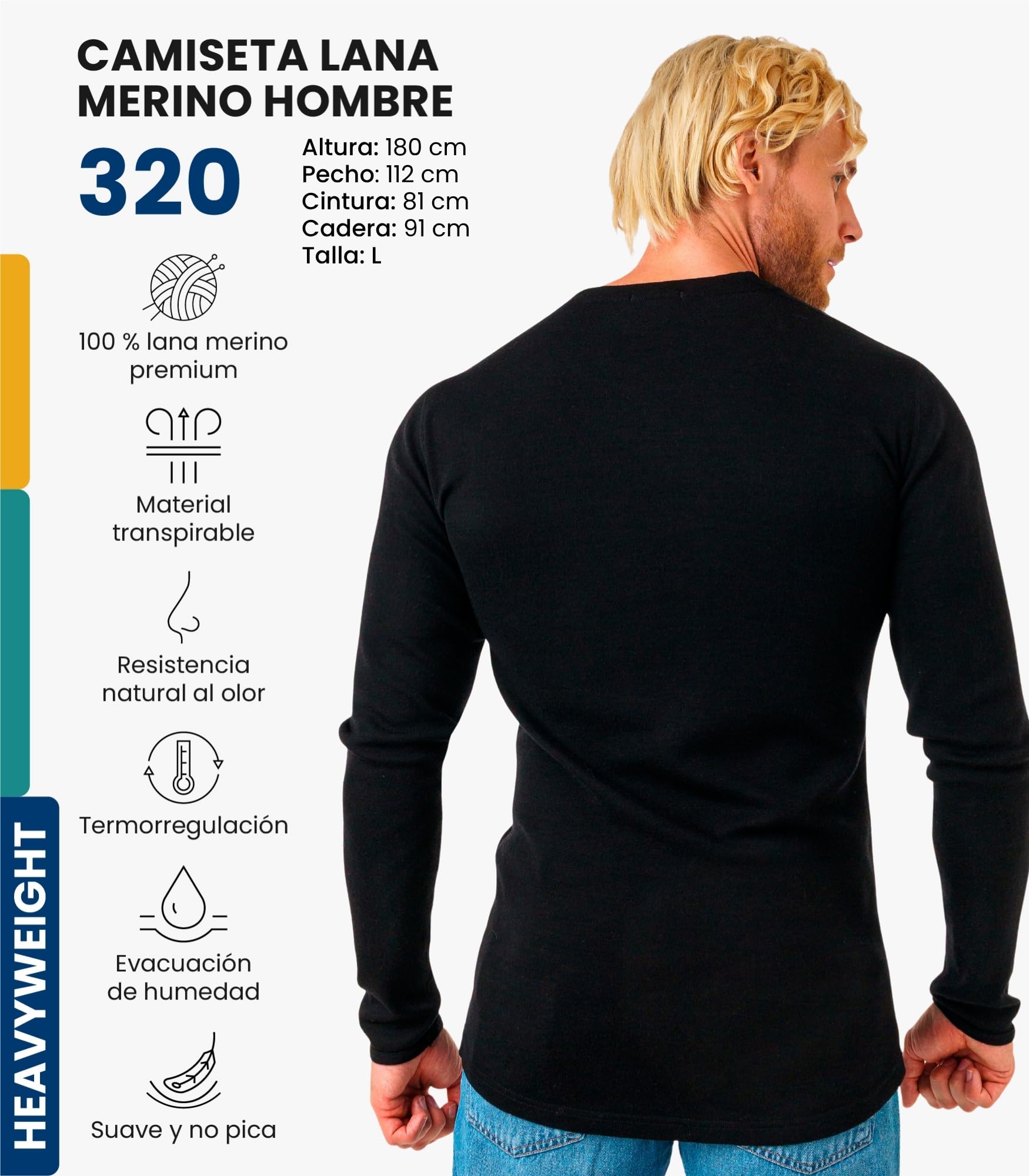 Merino.tech Camiseta Termica Lana Merino Hombre - Ropa Térmica 100% Lana | Absorbe humedad, capa base para todo el año. Pesos: Ligero, Medio y Pesado