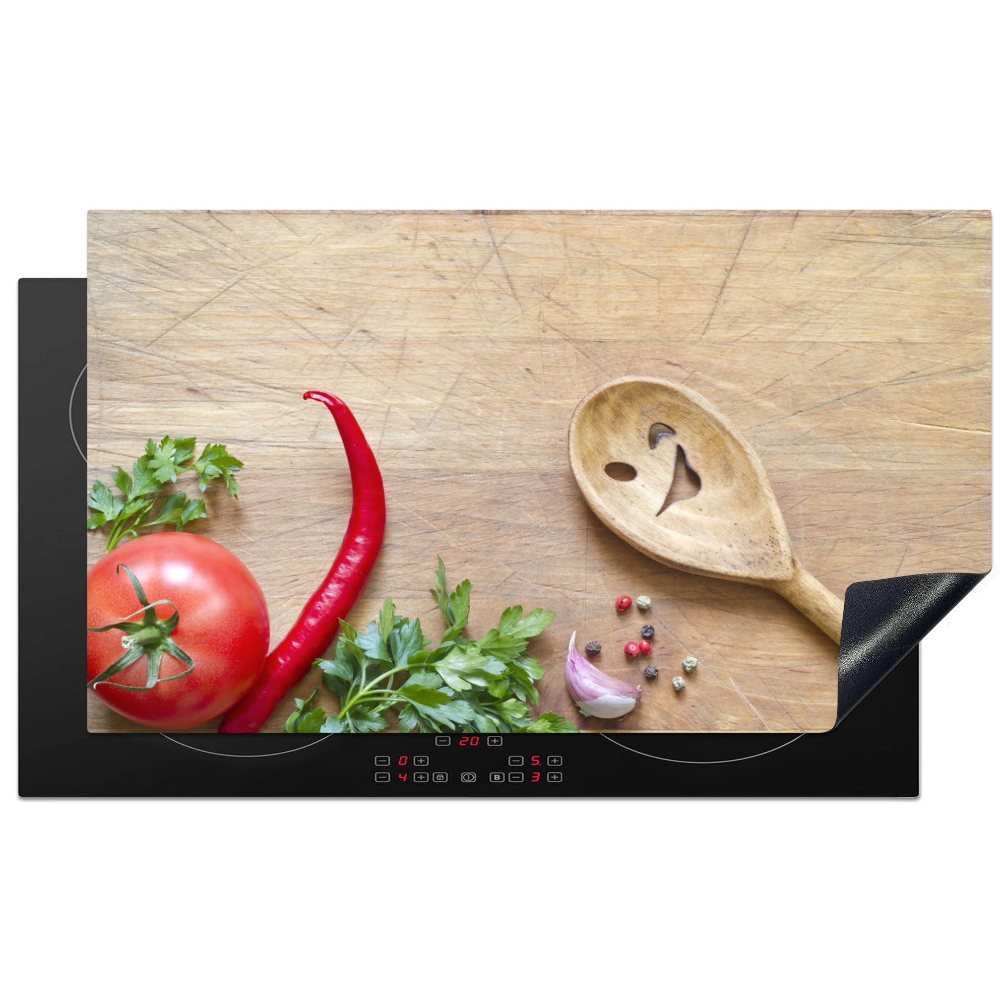 KitchenYeah© Induction Hob Cover Protector Mat 20.5"x35.4" / 90x52 cm Kitchen Universal Ceramic Covers for Electric Cookers Vinyl Vegetable - Wood Texture - Ladle - Smiley - Tomato