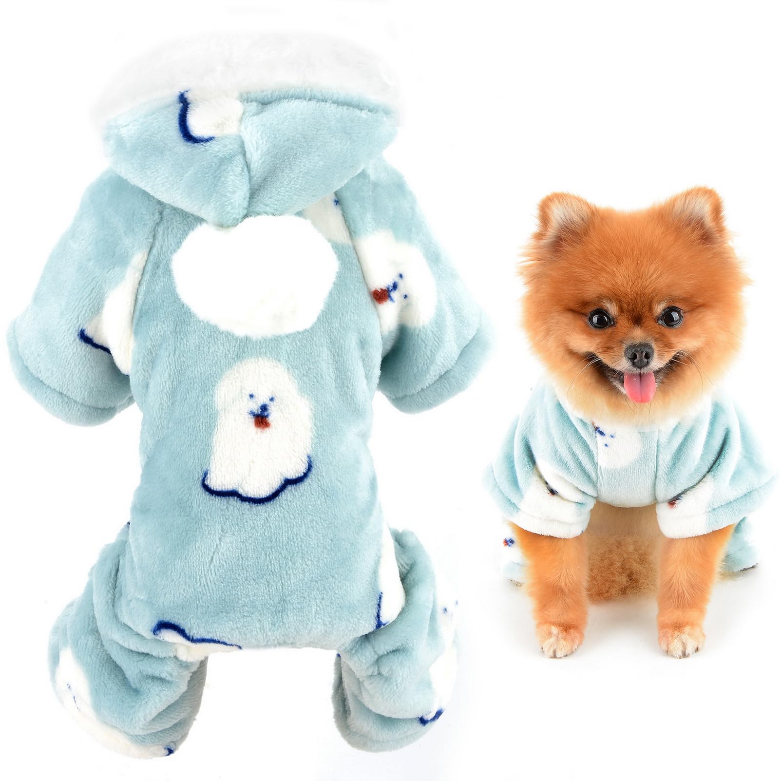SMALLLEE_LUCKY_STORE Cute Doggy Print Fleece Hoodie Pajamas Pjs with Pom Pom Hood for Small Dog Cat Fall Winter Warm Pet Jumpsuit Puppy Pullover Sweater Kitten Chihuahua Yorkie Clothes,Blue,L