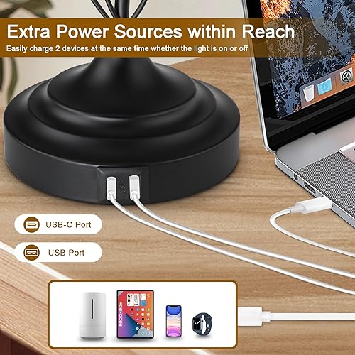 Miniatura 2 de Juego de 2 lámparas de mesa estilo granja de 24.5 pulgadas, lámparas rústicas para dormitorio con 2 puertos de carga USB, pantalla de tela crema