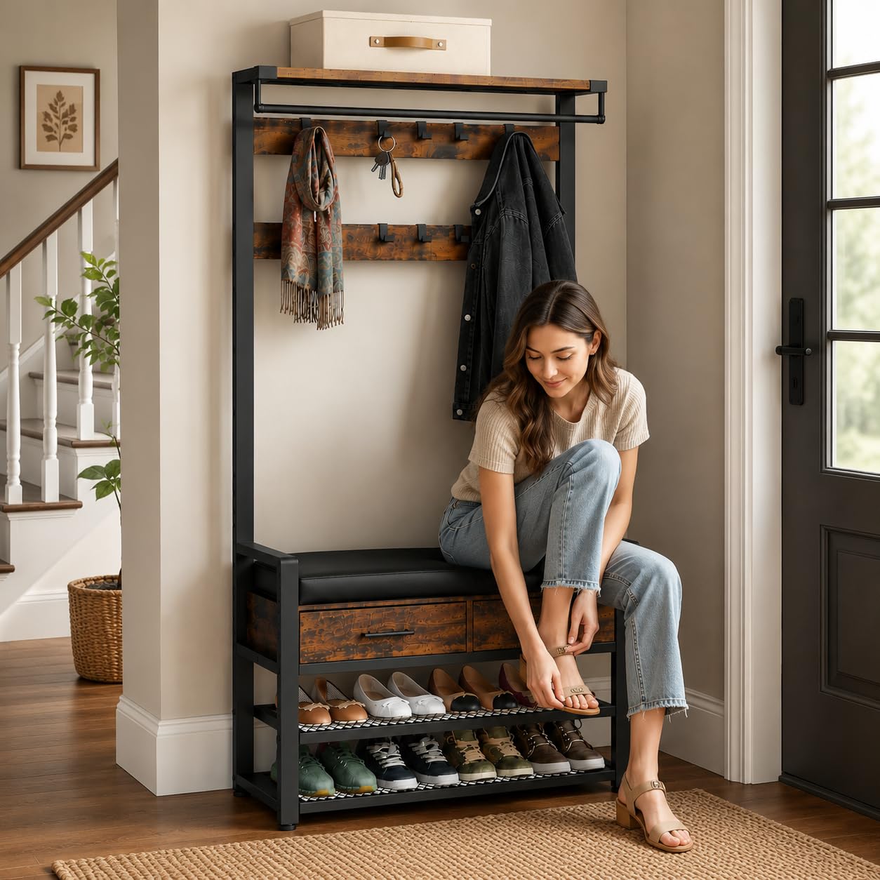 Garderobe mit Sitzbank und Schuhregal – mit 2 Schubladen - Garderobenständer mit Kleiderstange, 8 Doppelhaken, 2 Schubladen und Schuhablage – Flurgarderobe mit Sitzfläche 80 x 32 x 181 cm