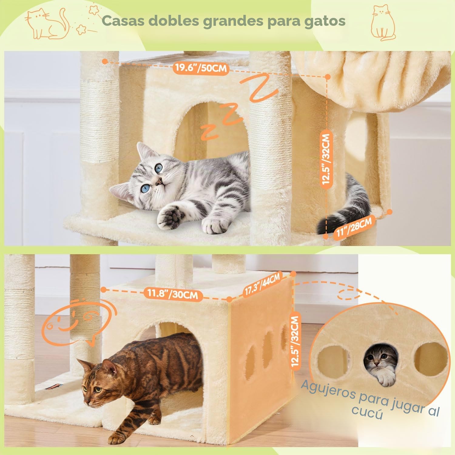 Taoqimiao Rascador para Gatos Grandes, 183cm Arbol Rascador para Gatos com 2 Espacioso Cuevas, 2 Cesta, 7 Poste de Sisal, Hamaca,F20M Beige