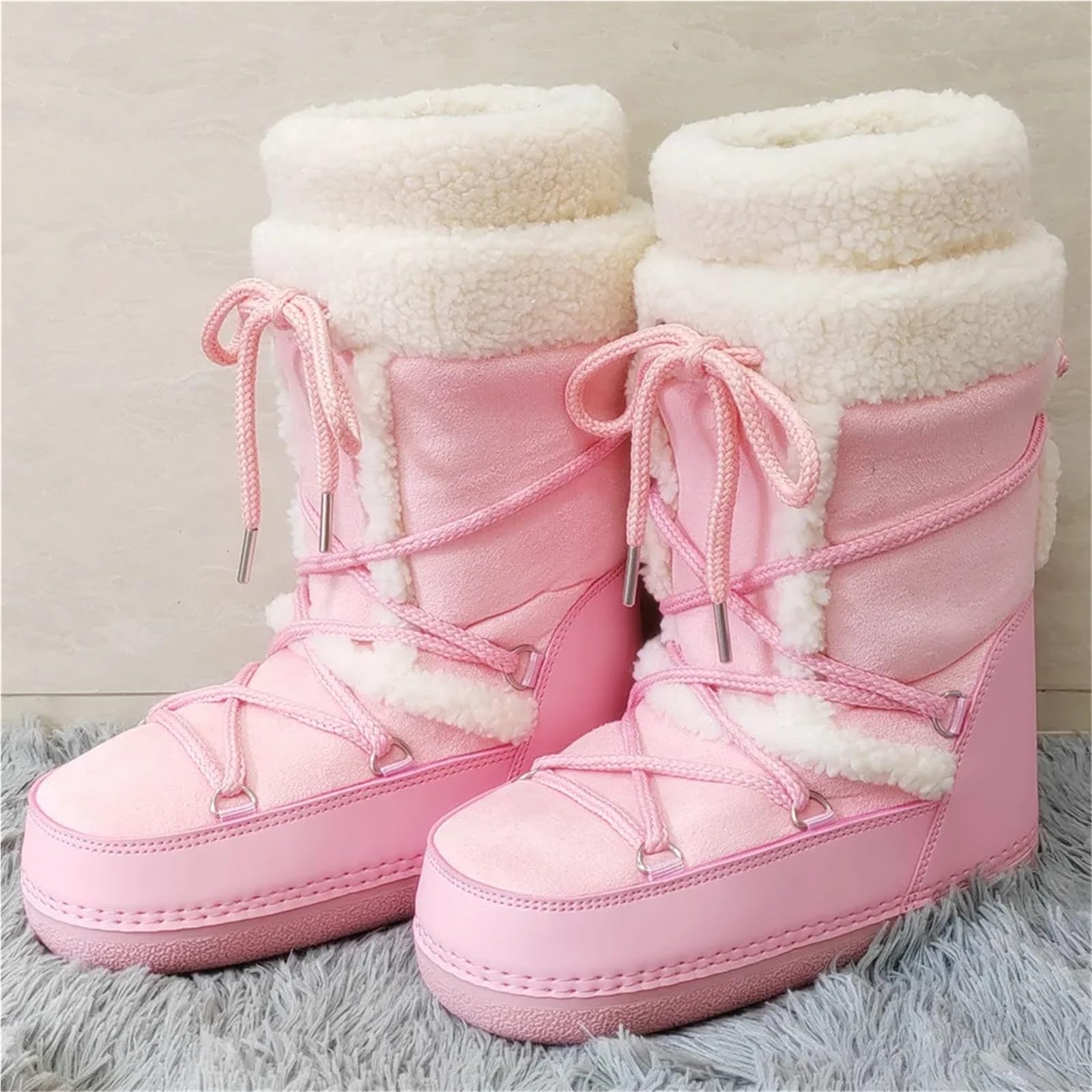 Botas de Nieve for Mujer, Botas Gruesas Blancas y Negras, Plataforma con Cordones for Invierno, esquí Impermeables a Media Pantorrilla for(Pink L4,41-42)