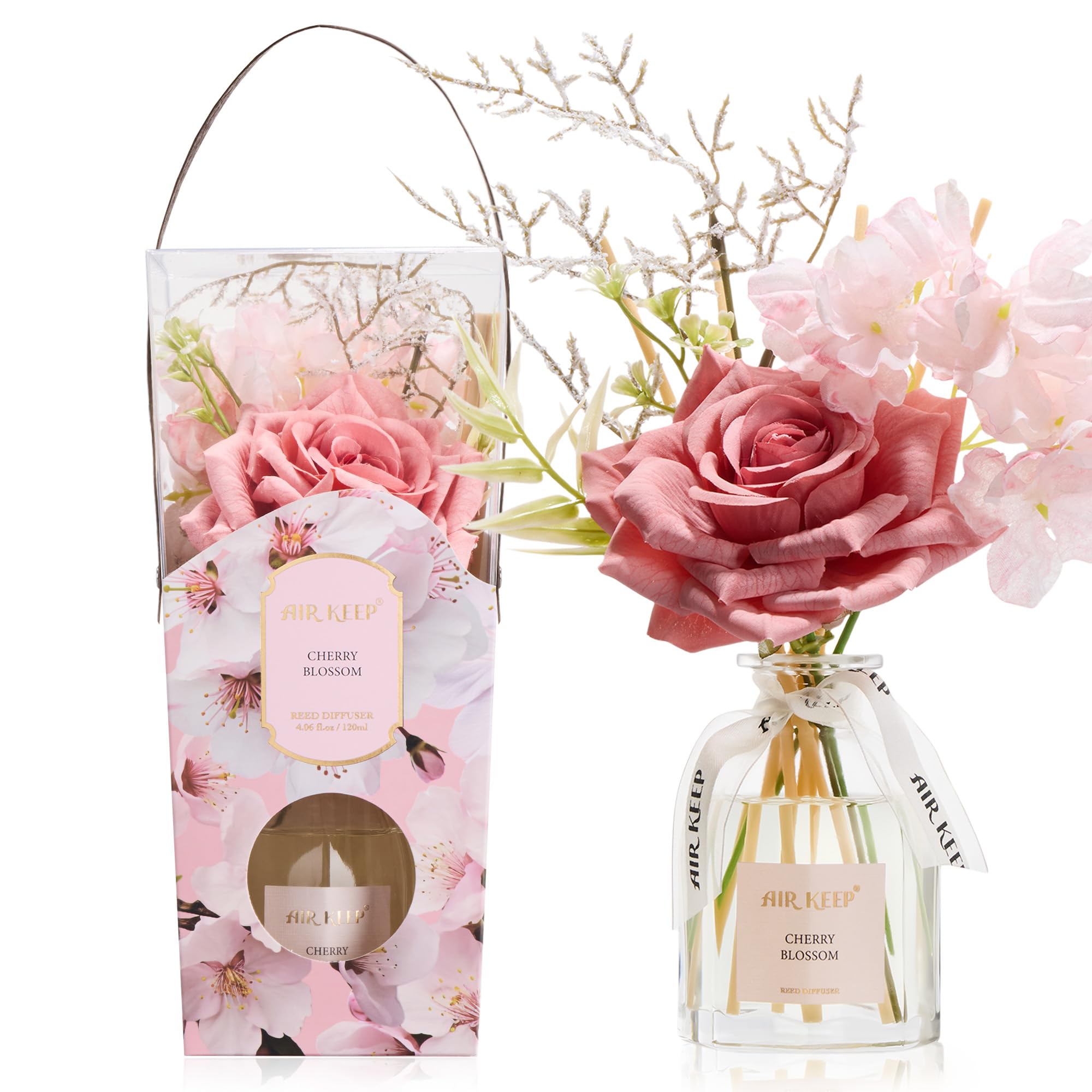 Airkeep Diffuseur de Parfum d’intérieur à bâtonnets 120ml – Cherry Blossom – Diffuseur décoratif avec Fleurs – Idée Cadeau Femme & Pendaison de crémaillère – Décoration élégante Maison