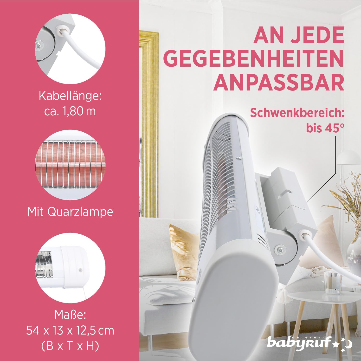 BS 50 Heizstrahler | 600 Watt | Wickeltisch Wärmelampe Mit Abschaltautomatik | Einfache Wandmontage | Weiß