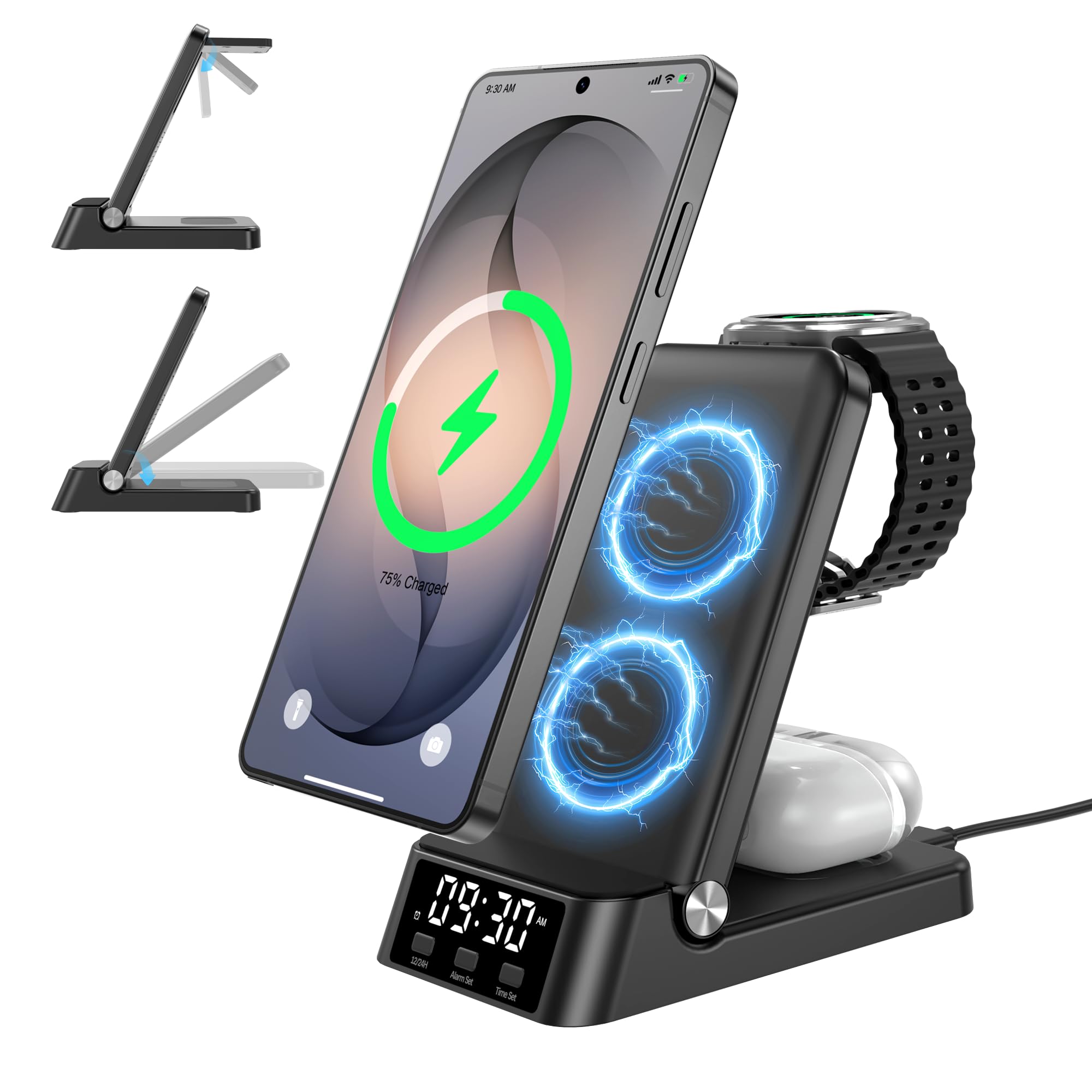 Chargeur sans Fil pour Samsung, Station de Charge 4 en 1 pour Samsung Galaxy S26 Ultra/S24 Ultra/S23/S22/Note 20/Z Flip 7/Fold 6, Chargeur pour Galaxy Watch Ultra/8/7/6, Galaxy Buds 3/2