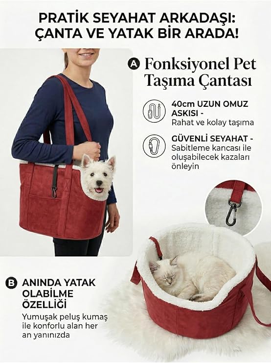 Milano Kedi Köpek El Omuz Taşıma Çantası, Evcil Hayvan Seyahat Çantası, Kırmızı