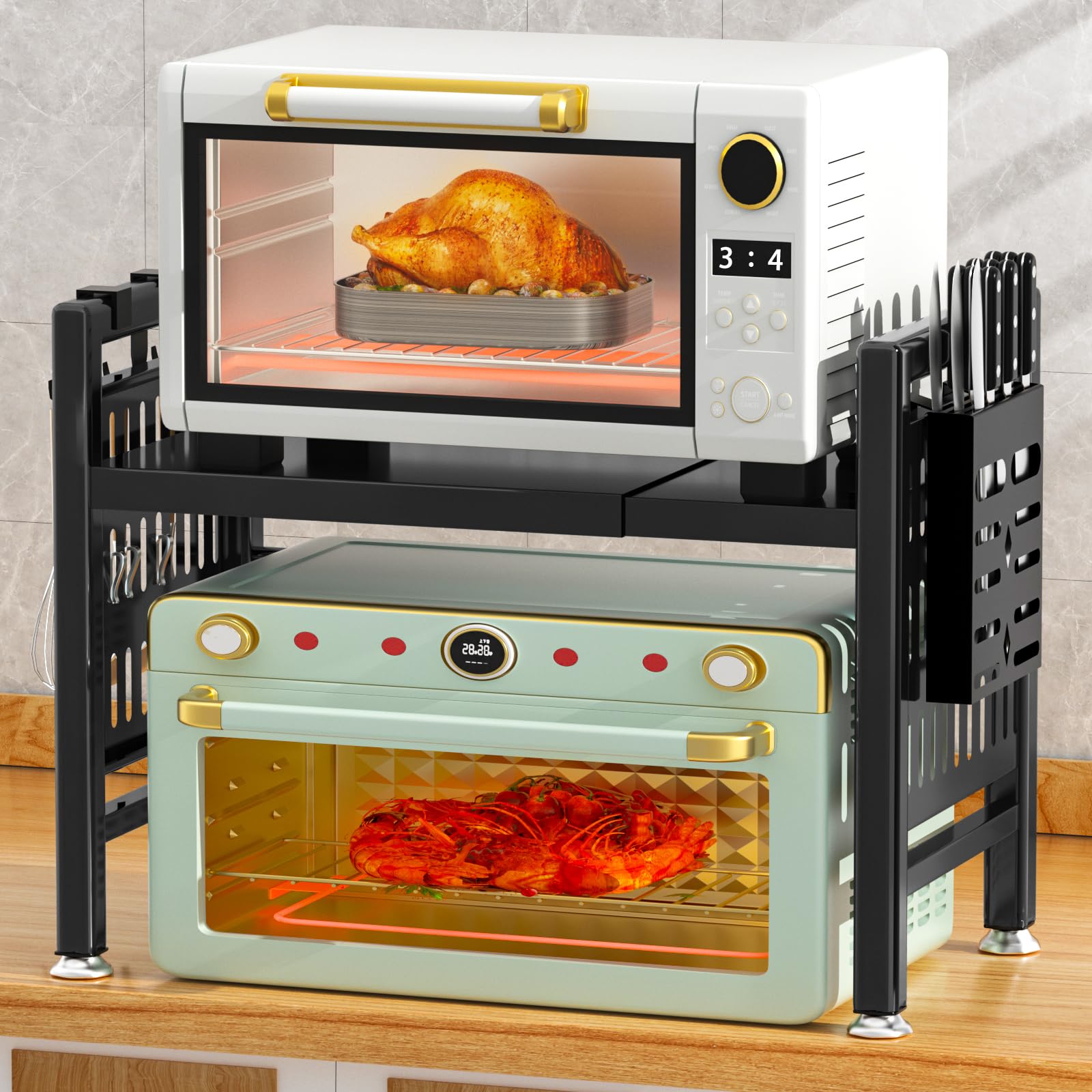 Mensola Microonde Estensibile con Portacoltelli 6 Ganci, Mensola Microonde Salvaspazio Scaffale da Cucina, Mobiletto Cucina Salvaspazio, Carico Pesante 55-110lbs (Nero)