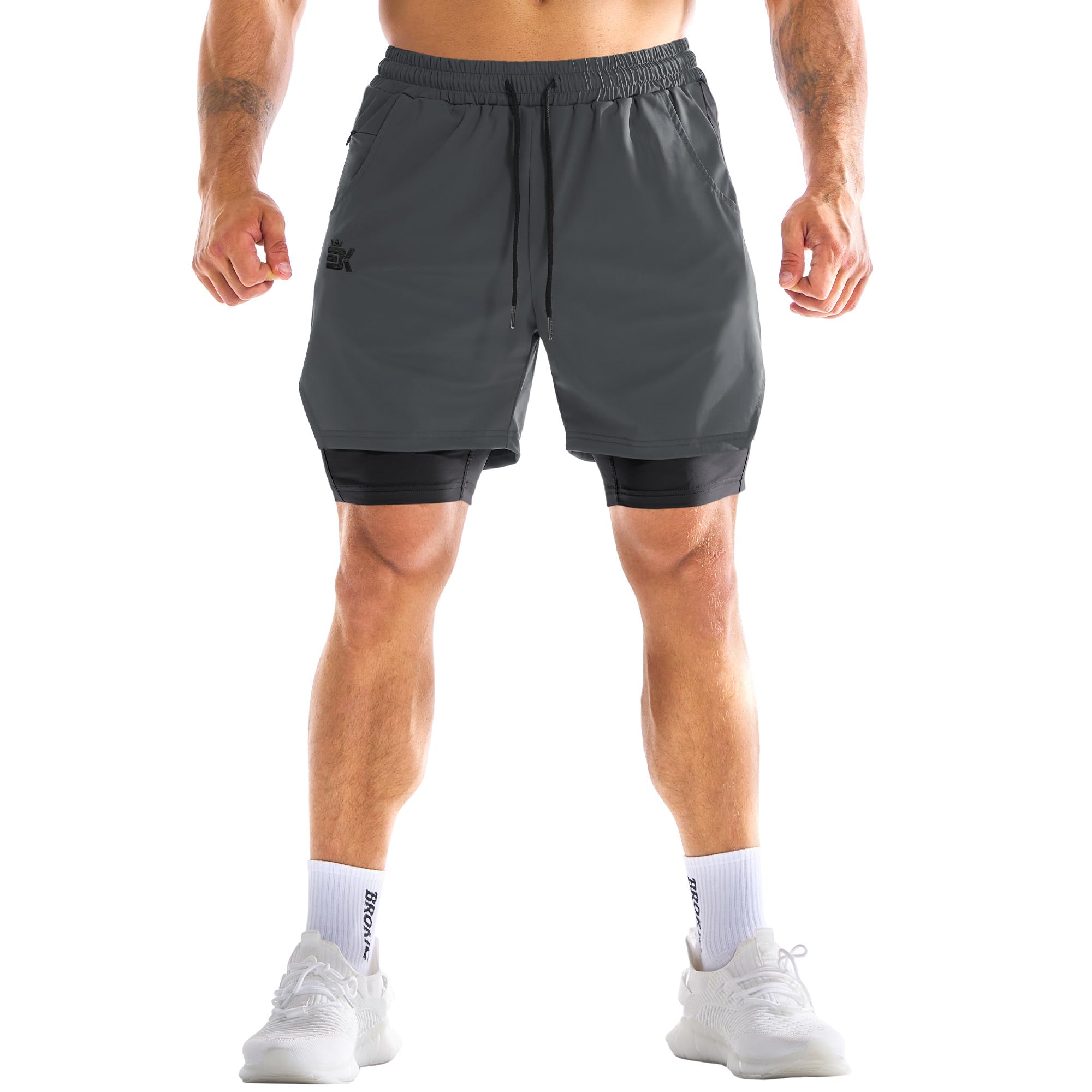 BROKIG Pantalones cortos de gimnasio para hombre, ligeros, para correr, entrenamiento, tenis, ejercicio, con bolsillo con cremallera