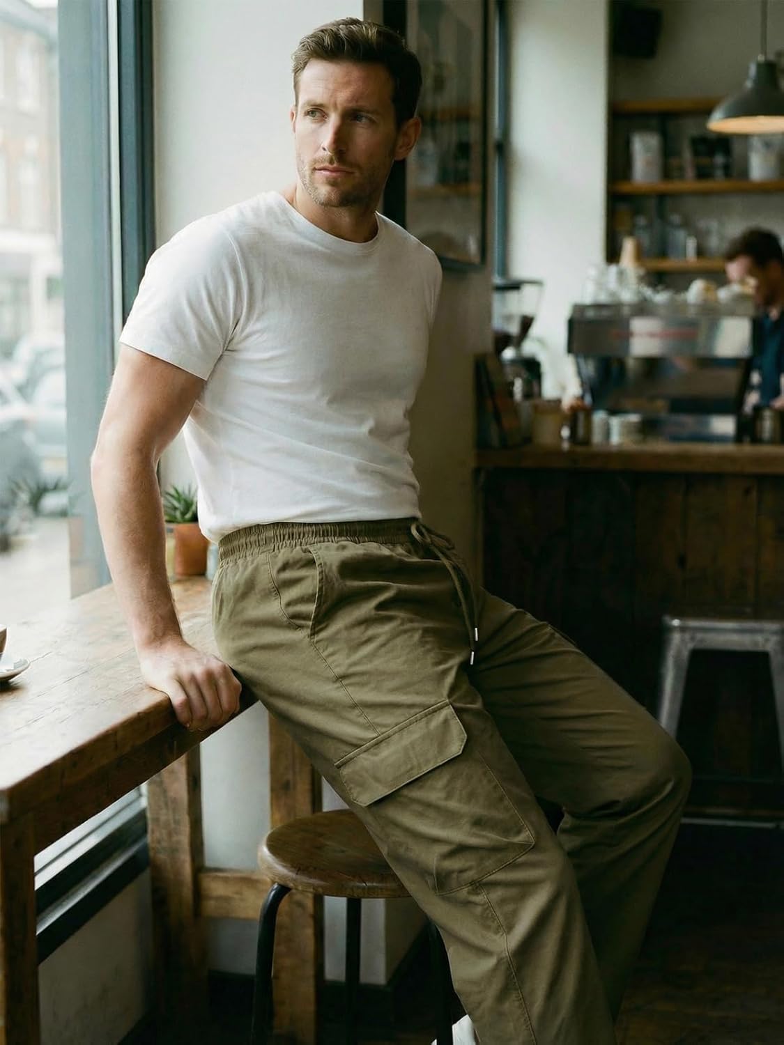 Men's Casual Cargo Pants Workout Joggers Drawstring Chino Cargo Sweatpants Hiking Outdoor Twill Sport Long Pants - Image 3