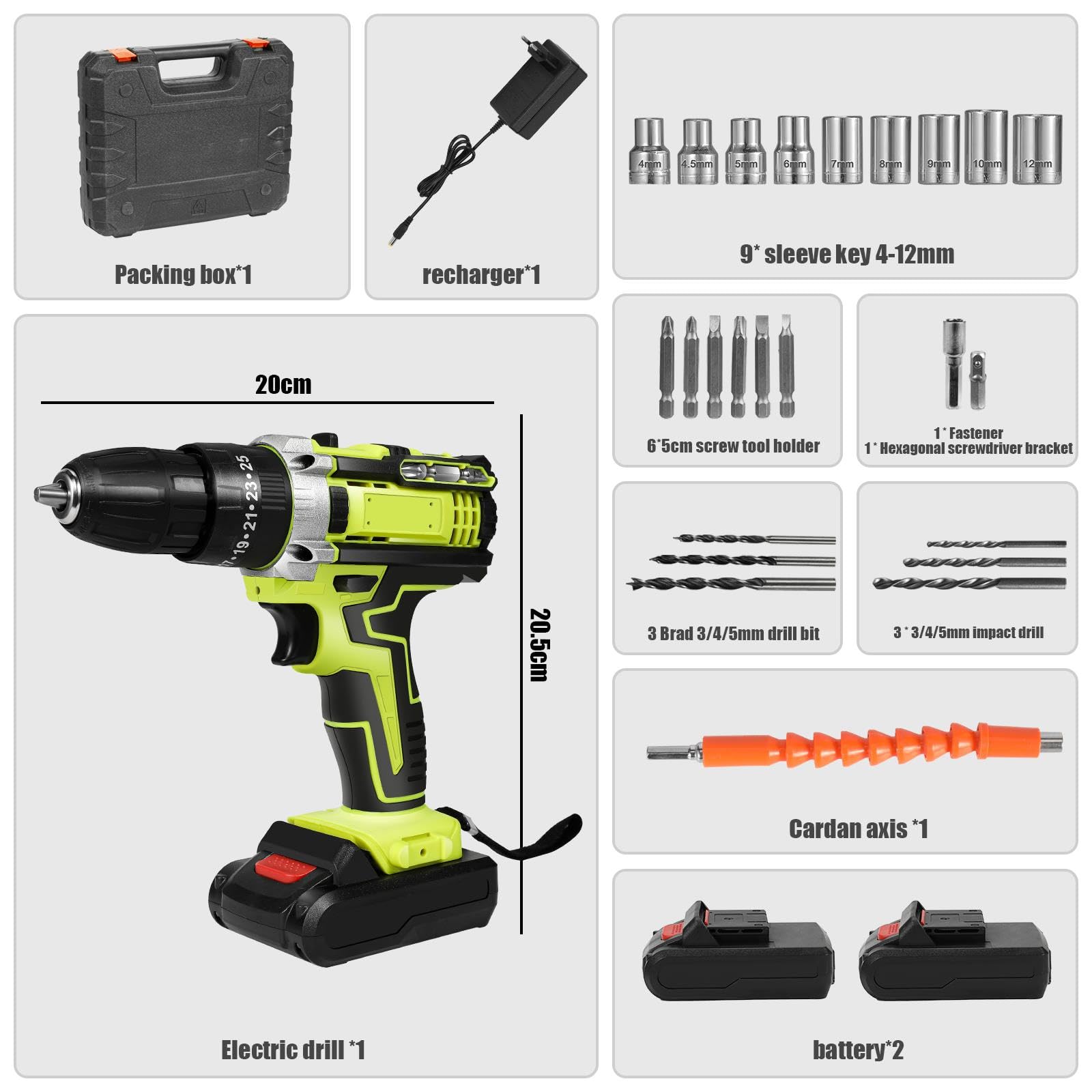 Recargable USB Taladro eléctrico Kit de herramientas 21v | Con batería*2 y cargador,Caja de herramientas compacta para bricolaje, reparación y mantenimiento en el hogar
