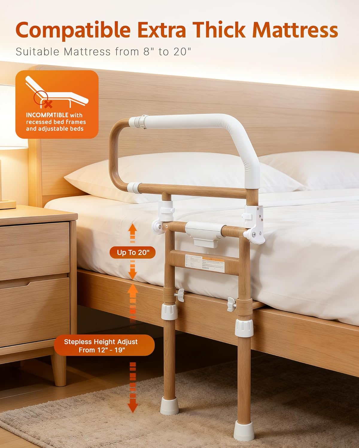 Sangohe Bed Rails for Elderly Adults Safety - Foldable Bed Rail for Senior & People Falling Out of Bed, Height Adjustable, Fits Thick Mattress, Hold up to 300 Lbs, KDB504M-F02FT