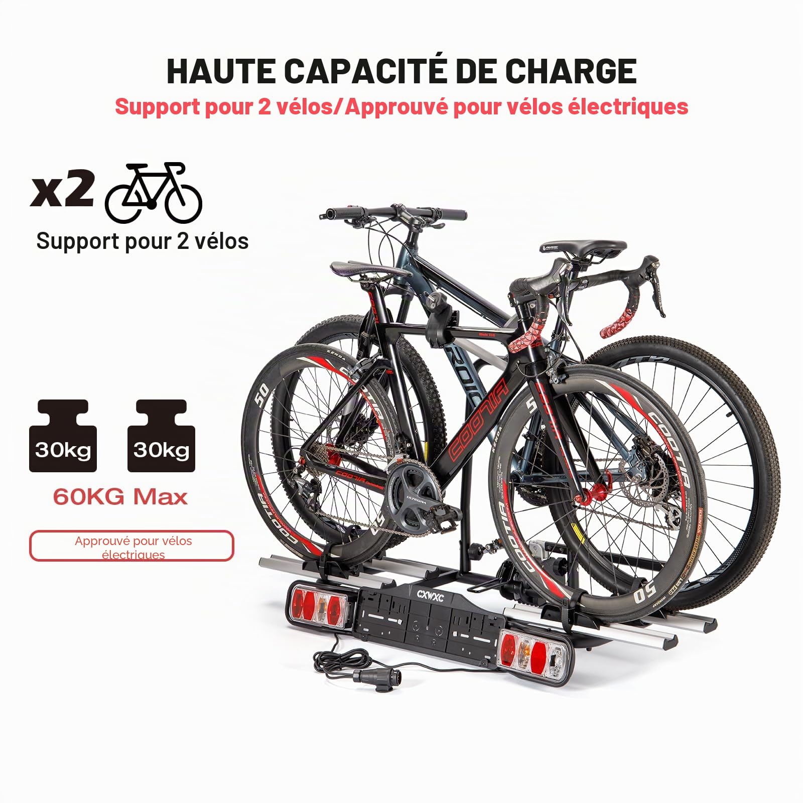 Porte-vélos pour attelage de remorque - Porte-vélos de voiture pour vélos électriques et roues standard - Peut contenir 2 vélos - Sécurité à dégagement rapide - Système d'éclairage 13/7 broches