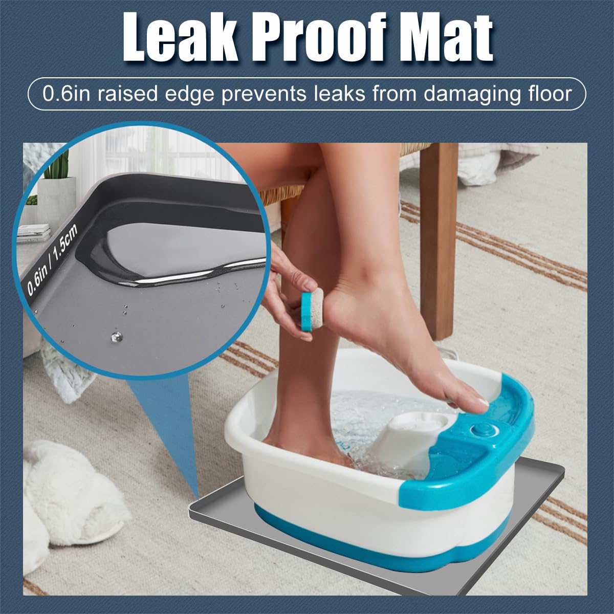 Foot Spa Mat Foot Bath Drip Pan for Leaks, Foot Soaking Tub Silicone Mat with Raised Edge, pedicure foot spa Tray, Foot Tub Floor Mat Foot Soaker Protector Pad, Non-Slip Waterproof Pan 23.6"X23.6"