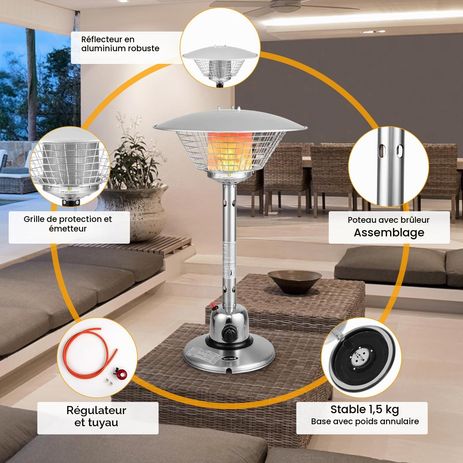 SOARS Parasol Chauffant Gaz 4000W, Chauffage d’Extérieur Portable sur Table, avec Rayon Thermique de 1,37 M, Tempétature Réglable, Tuyau de Gaz 2M, pour Terrasse, Jardin, Cour (Argenté)