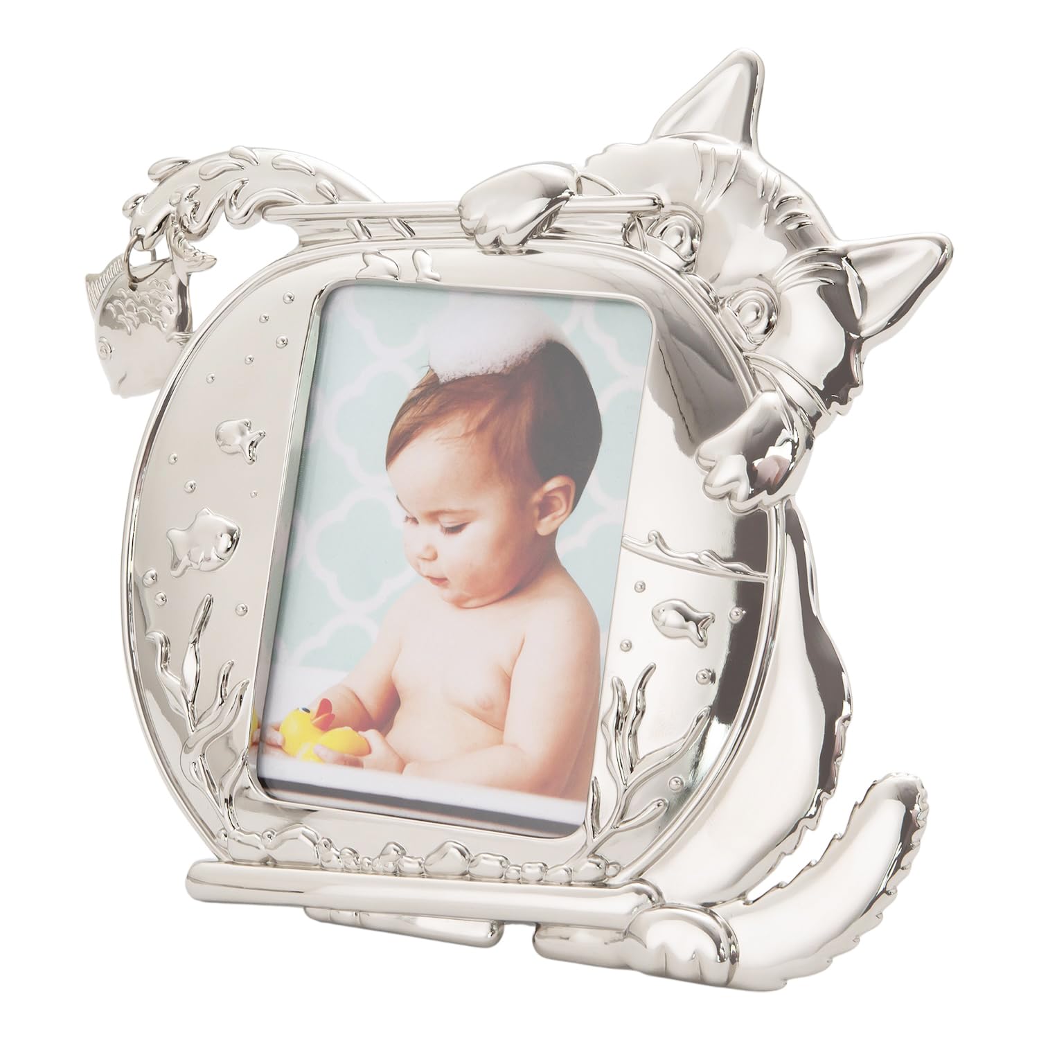 Happy Homewares Nickel Plated Quirky Hiding Cat Themed Picture Frame With Hanging Fish | Holds 4X4 Inch Photograph | Black Felt Backing