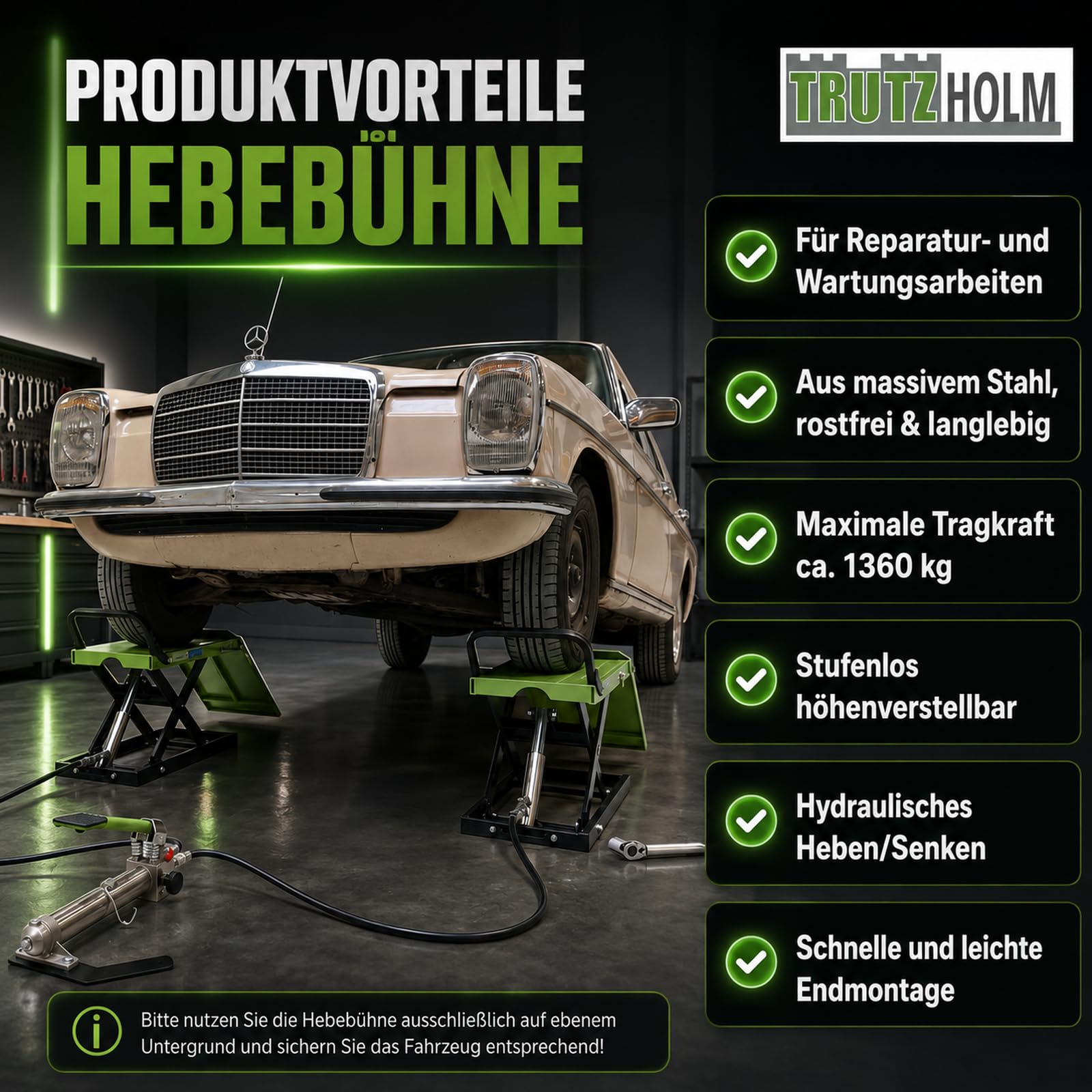 TRUTZHOLM Auffahrrampe hydraulisch höhenverstellbar Tragkraft 1360 kg Breite je Hebeplattform 34 cm doppelte Hebebühne Wagenheber Car Lift Scherenheber Montagerampe KFZ Rampe Auffahrbock schwarz/grün