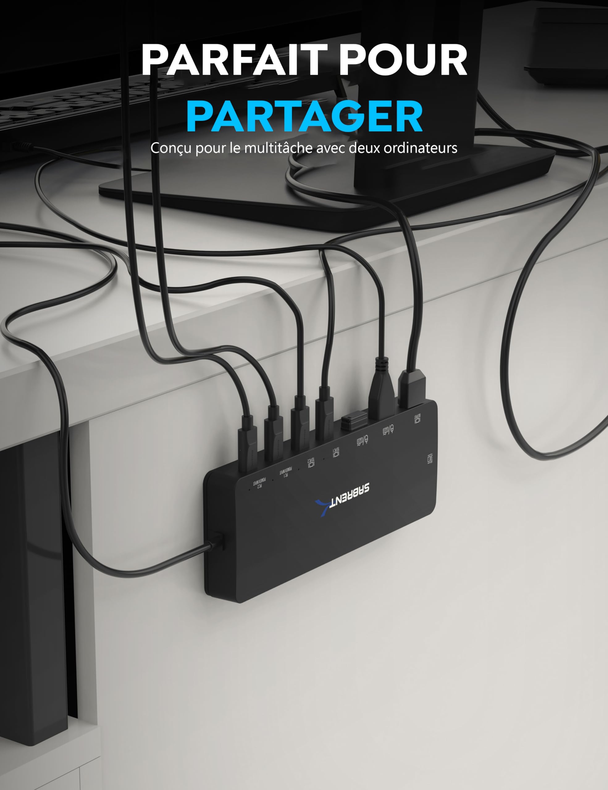 SABRENT KVM Switch, 2 port USB C Inputs, 2 outputs avec 60W PD, 2 USB, 2 port HDMI 4K@60Hz pour moniteur, ordinateur portable, PC, imprimante, scanner, souris, clavier Indicateurs de périphériques LED