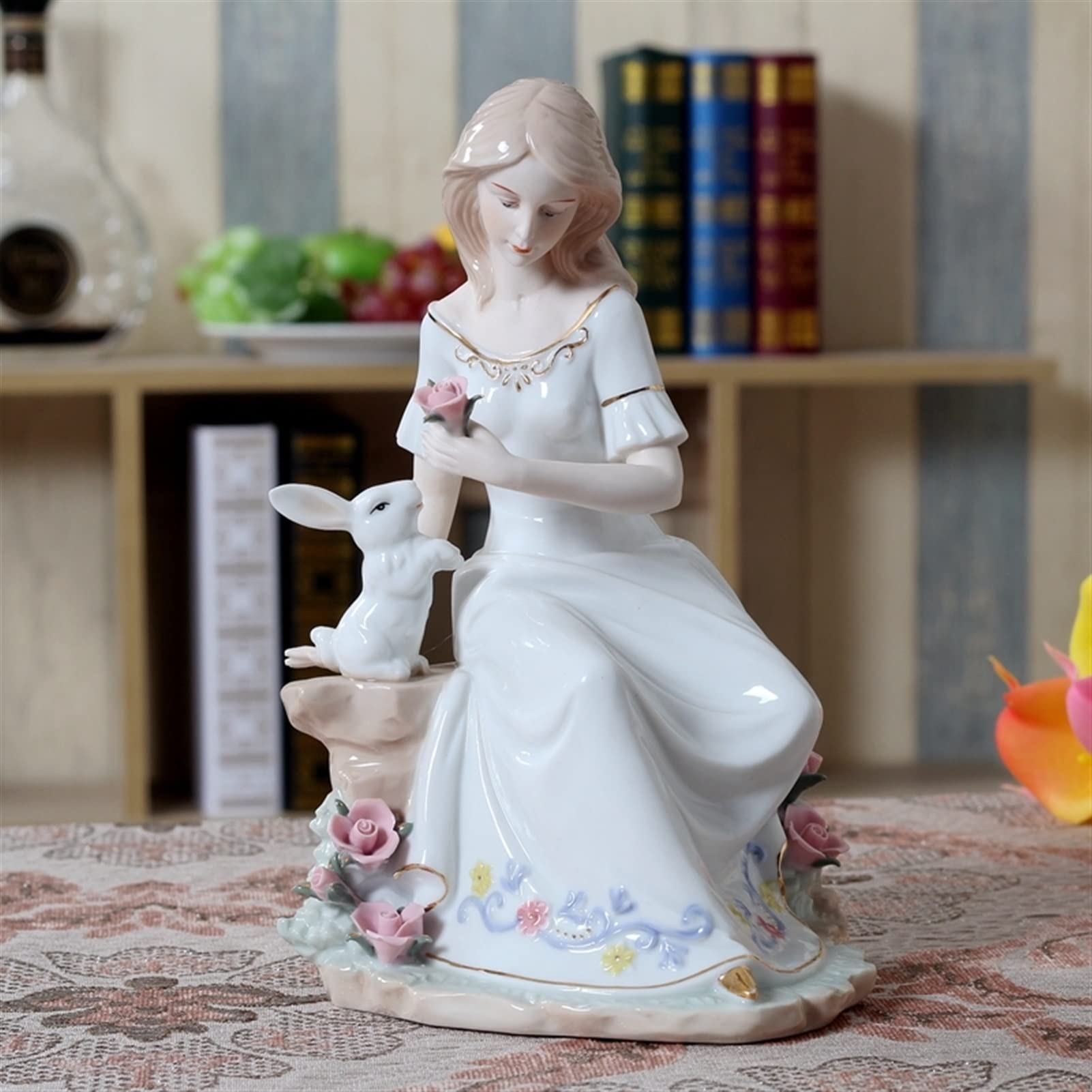 置物 Vintage ceramic figurin Vintage Porcelain Lady and Rabbit Figurine Ceramic Beauty Statue