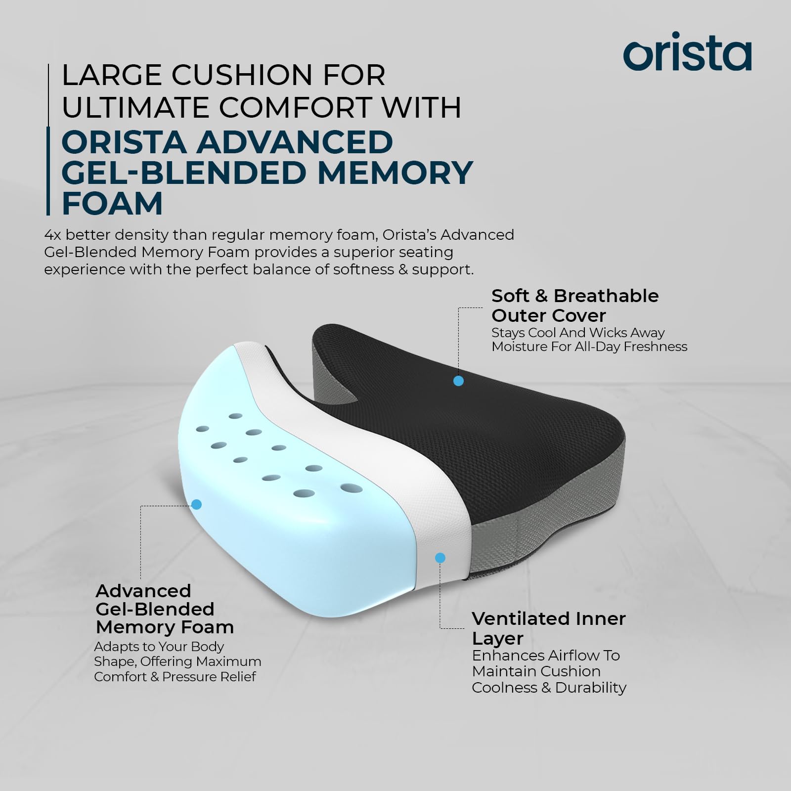 Orista™ Advance Gel Blended Memory Foam Coccyx Seat Cushion | Gel Memory Foam for Hip, Tailbone, Coccyx & Sciatica Pain Relief | Ergonomic Contoured Design for Office Chair, Home & Car Seat - Image 3 thumbnail