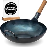 YOSUKATA 13.5" Pre-Seasoned Blue Carbon Steel Flat Bottom Wok - Induction, Gas, Electric, Open Fire Compatible for Stir Fry, BBQ, Camping
