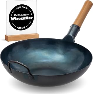 YOSUKATA 13.5" Blue Pre-Seasoned Carbon Steel Flat Bottom Wok - Induction Gas Electric Open Fire Compatible for Stir Fry BBQ Camping
