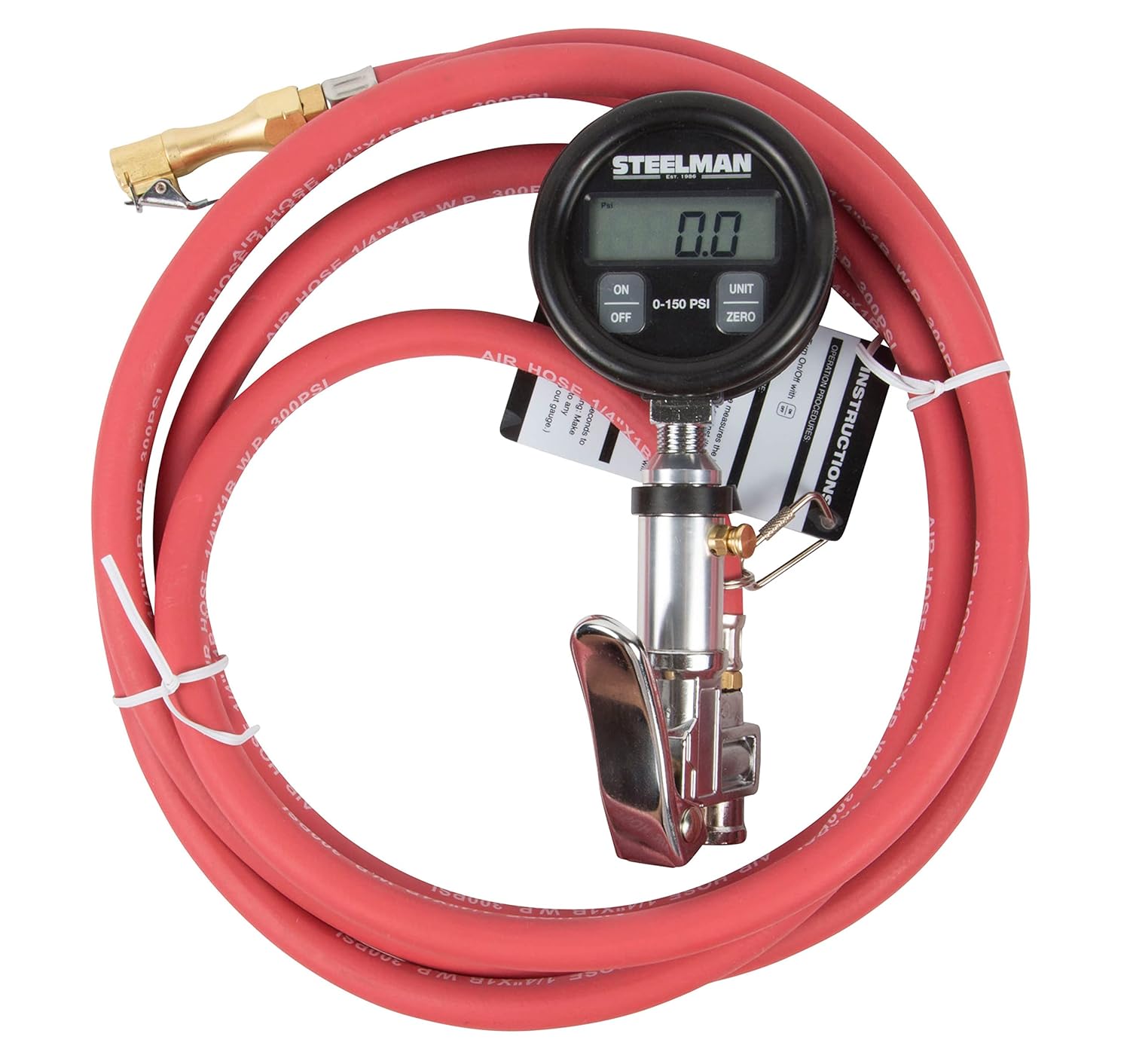 Steelman Digital Pressure Gauge Tire Inflator with 10-Foot Pneumatic Whip Hose, 0-150 PSI, Protective Casing