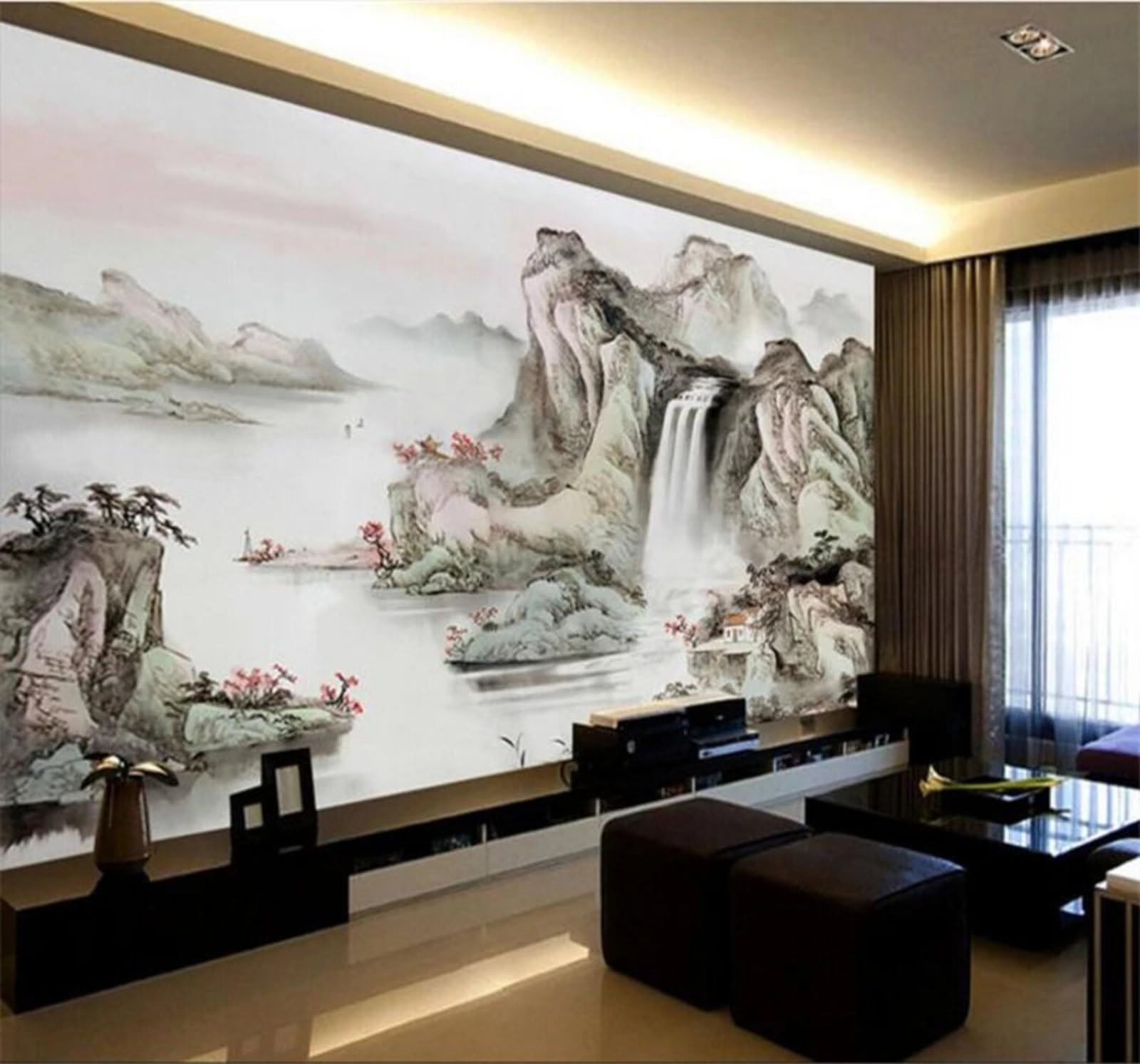 Xlming 430Cm×300Cm(B×H) Retro Hand Drawn Waterfall Landscape Scenery 3D Wallpaper Luxury Home Dining Decor Paste Sofa Living Room The Wall For Bedroom Mural-430Cm×300Cm