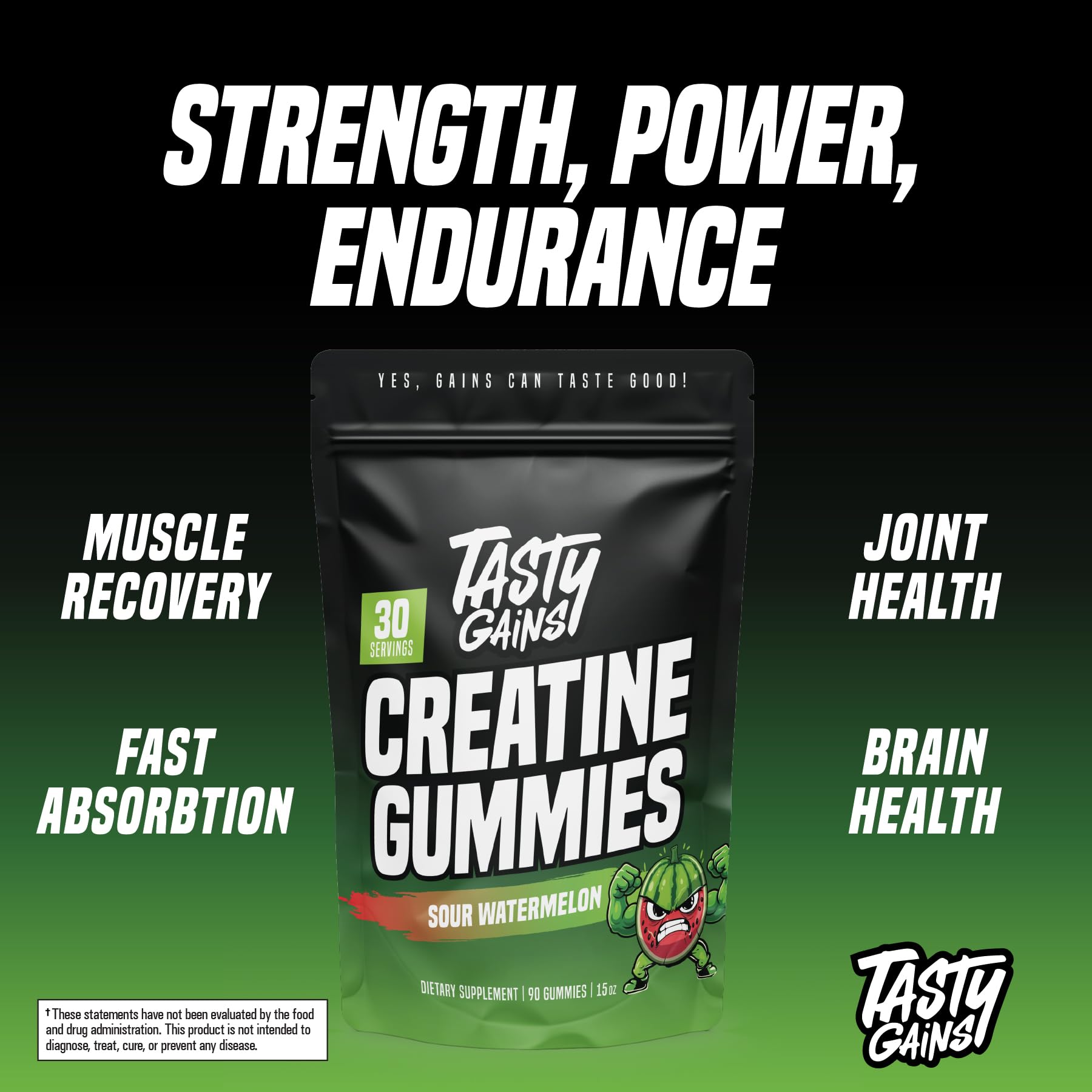 TASTY GAINS Creatine Gummies, 90g of Creatine, Non-GMO, Vegan - Build Muscle & Boost Strength for Men & Women (3g Creatine Monohydrate Per Gummy) Made in USA (90, Sour Watermelon) — Amazon image 6