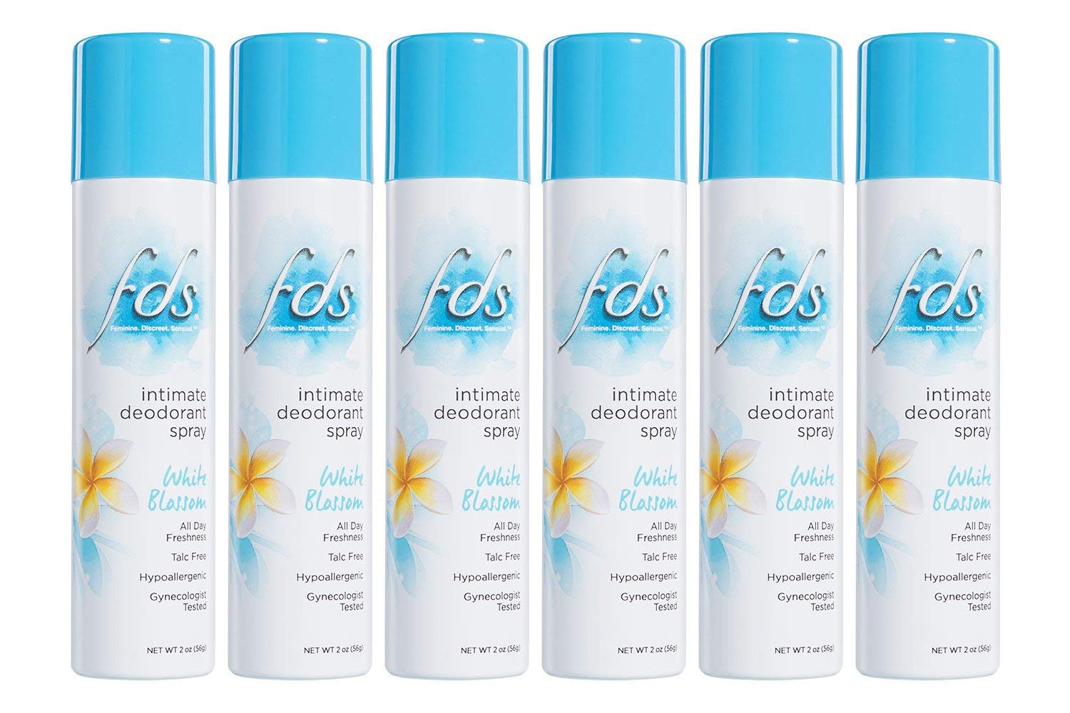 FDS Hypoallergenic Intimate Deodorant Spray White Blossom 2oz 6-Pack - All-Day Freshness, No Talc, Gynecologist Tested