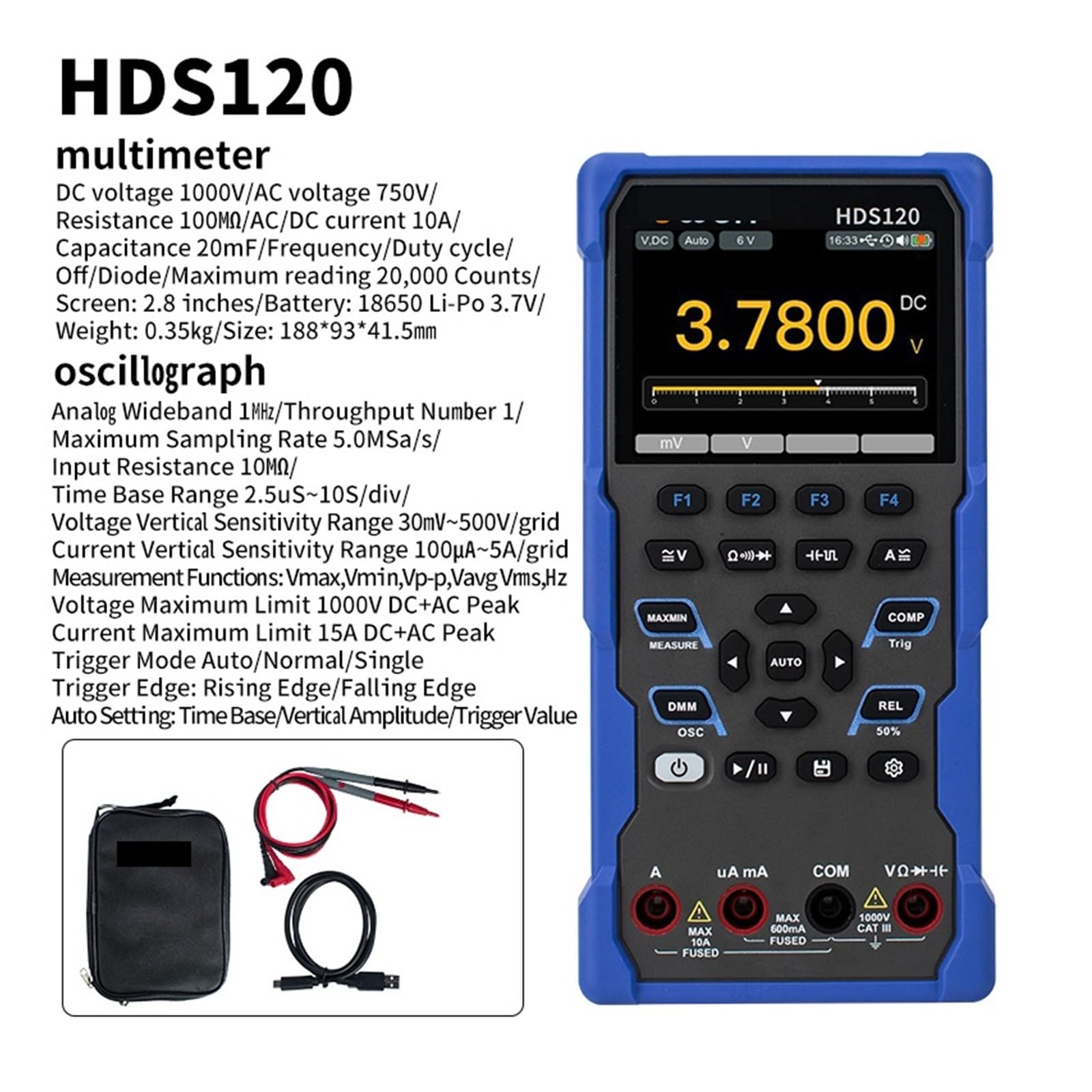 Osciloscopio Digital Osciloscopio Digital 2 en 1 HDS160, multímetro RMS Verdadero de 4 1/2 dígitos y 20000 Cuentas(HDS120)